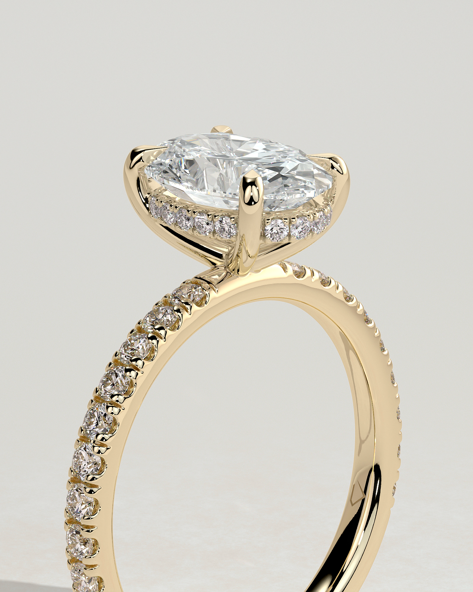 Paige - Oval 4 Claw Solitaire with Hidden Halo and Pave Band Engagement Ring - 18k Yellow Gold