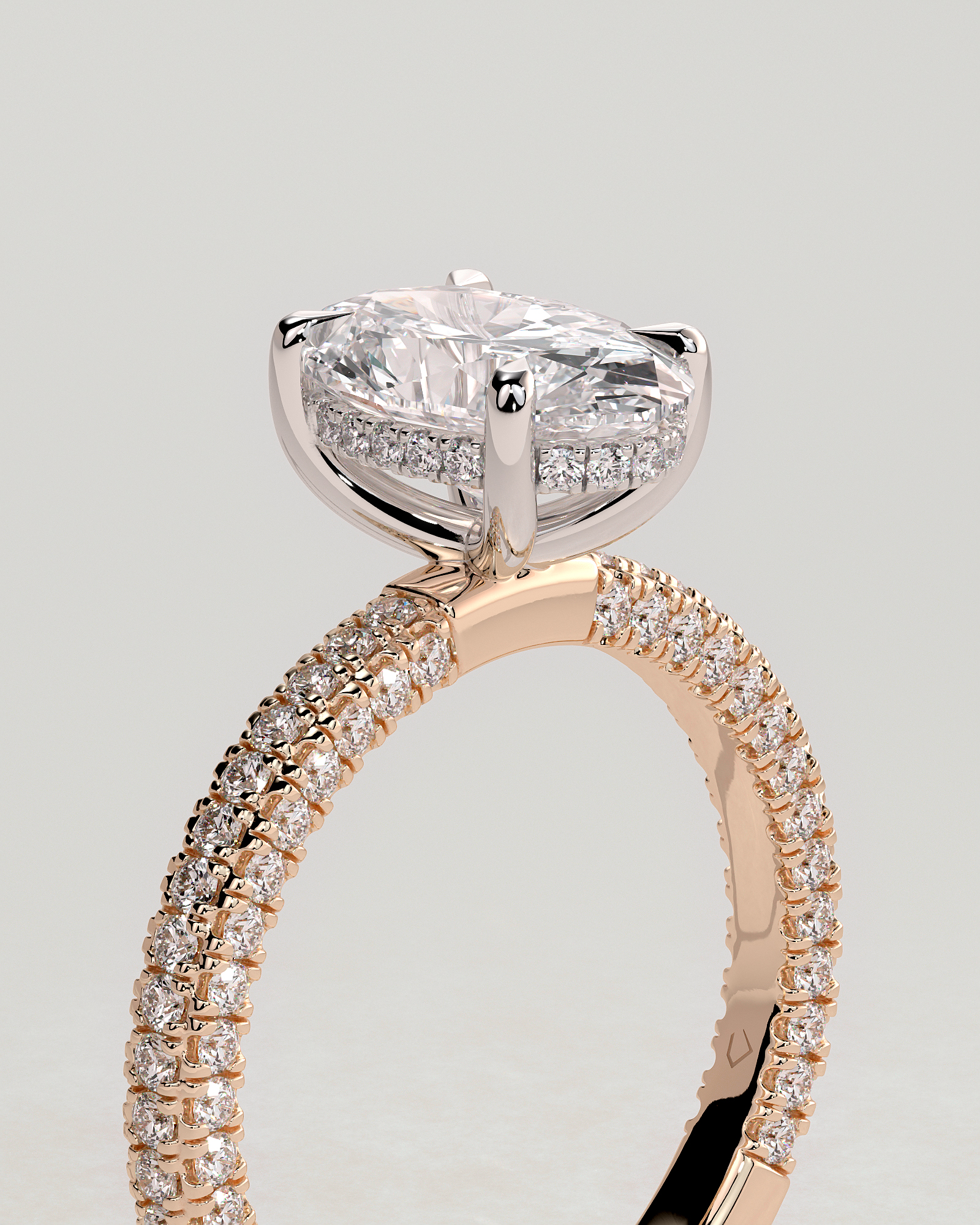 Penelope   Oval Solitaire with Hidden Halo and Triple Pav - 18k Rose Gold / 18k White Gold