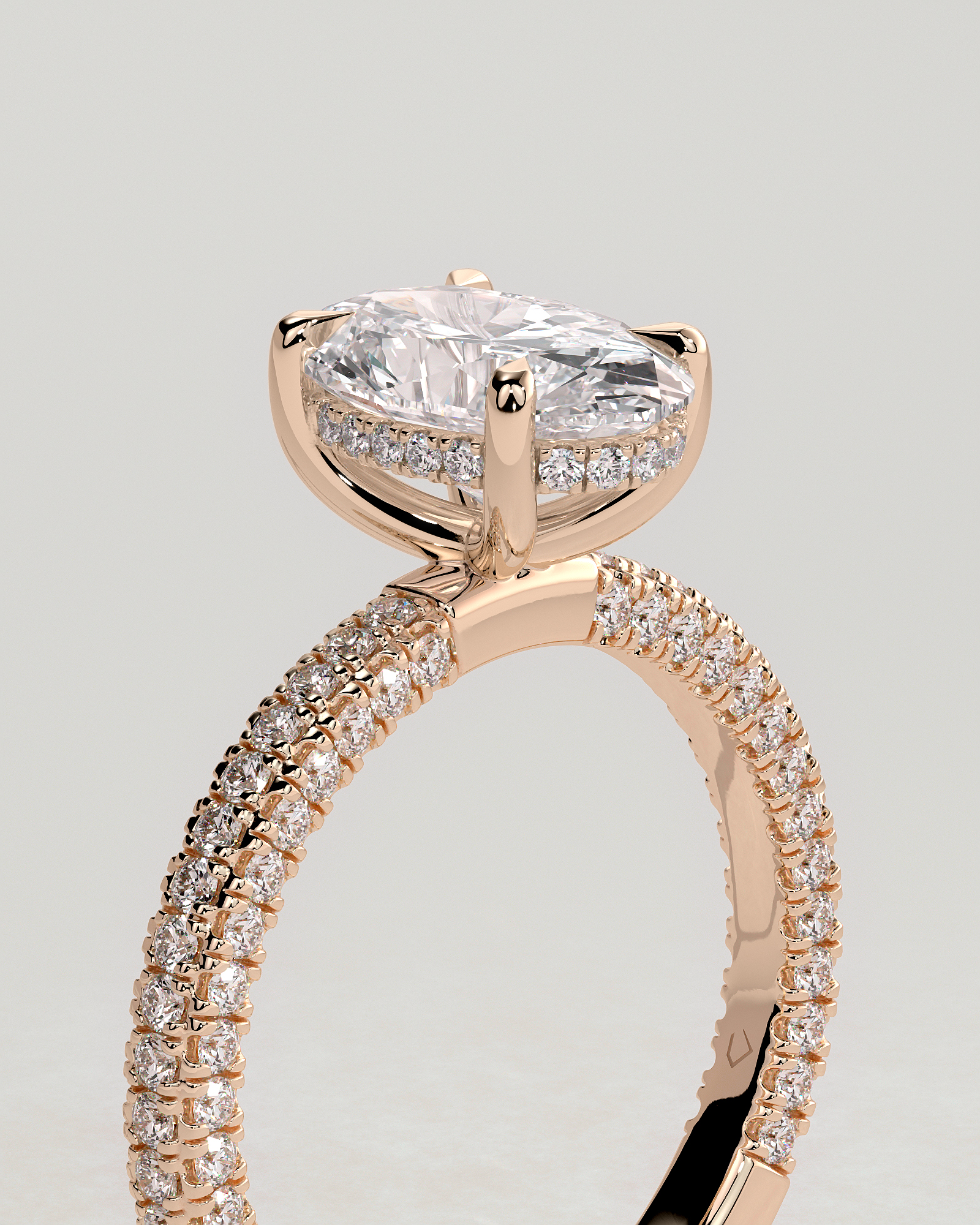 Penelope   Oval Solitaire with Hidden Halo and Triple Pav - 18k Rose Gold