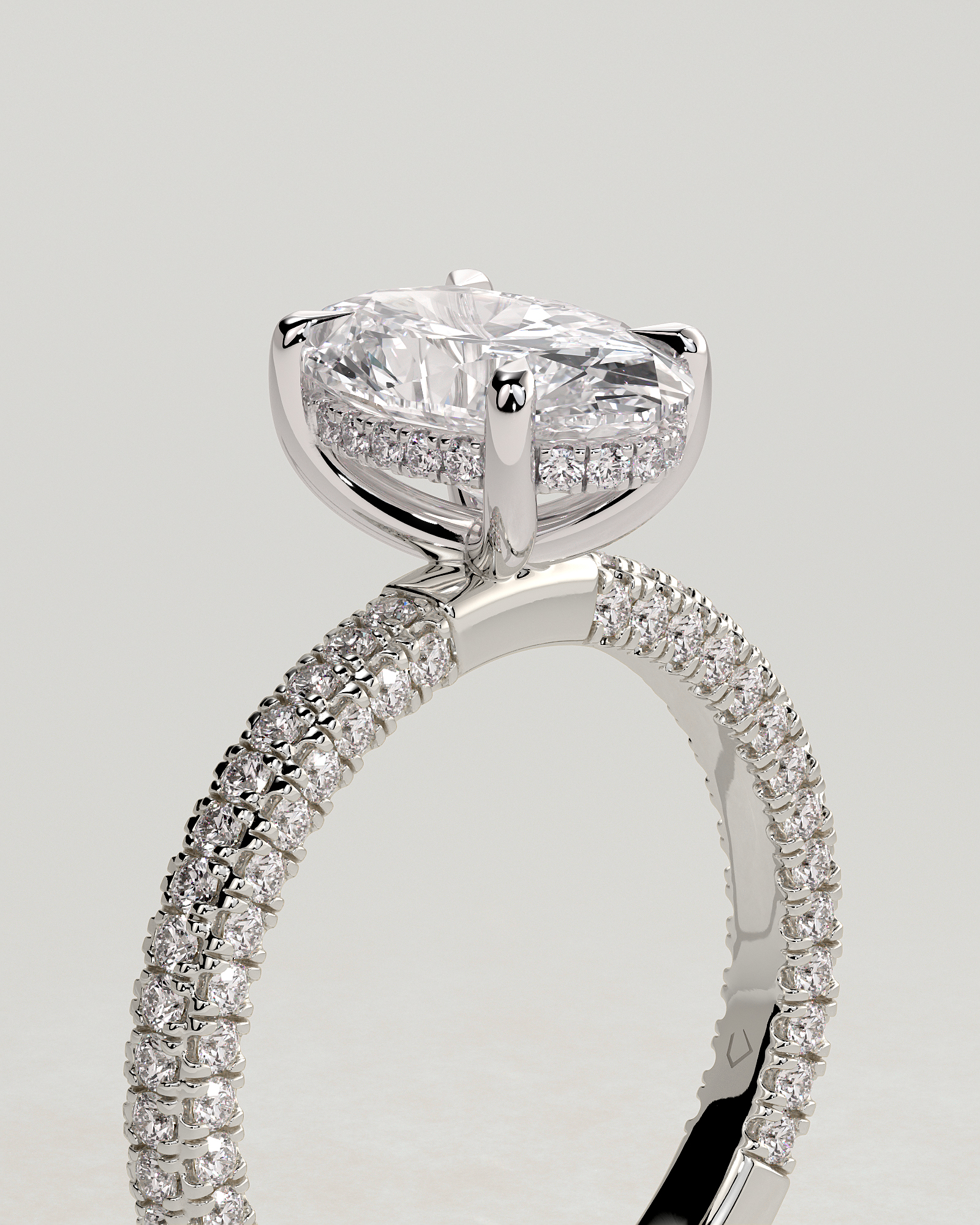 Penelope   Oval Solitaire with Hidden Halo and Triple Pav - 18k White Gold