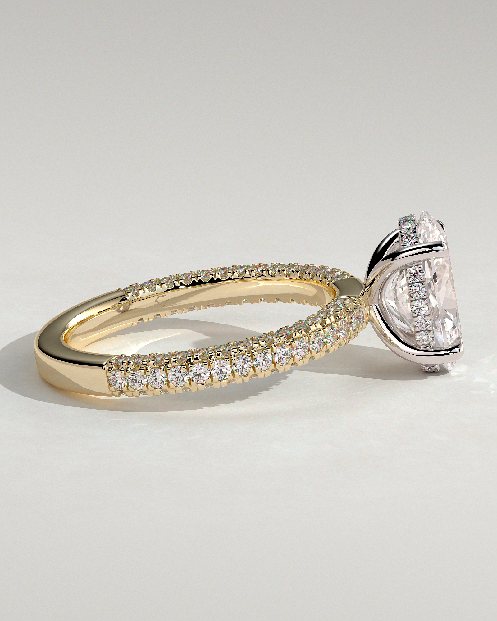 Penelope   Oval Solitaire with Hidden Halo and Triple Pav - 18k Yellow Gold / 18k White Gold