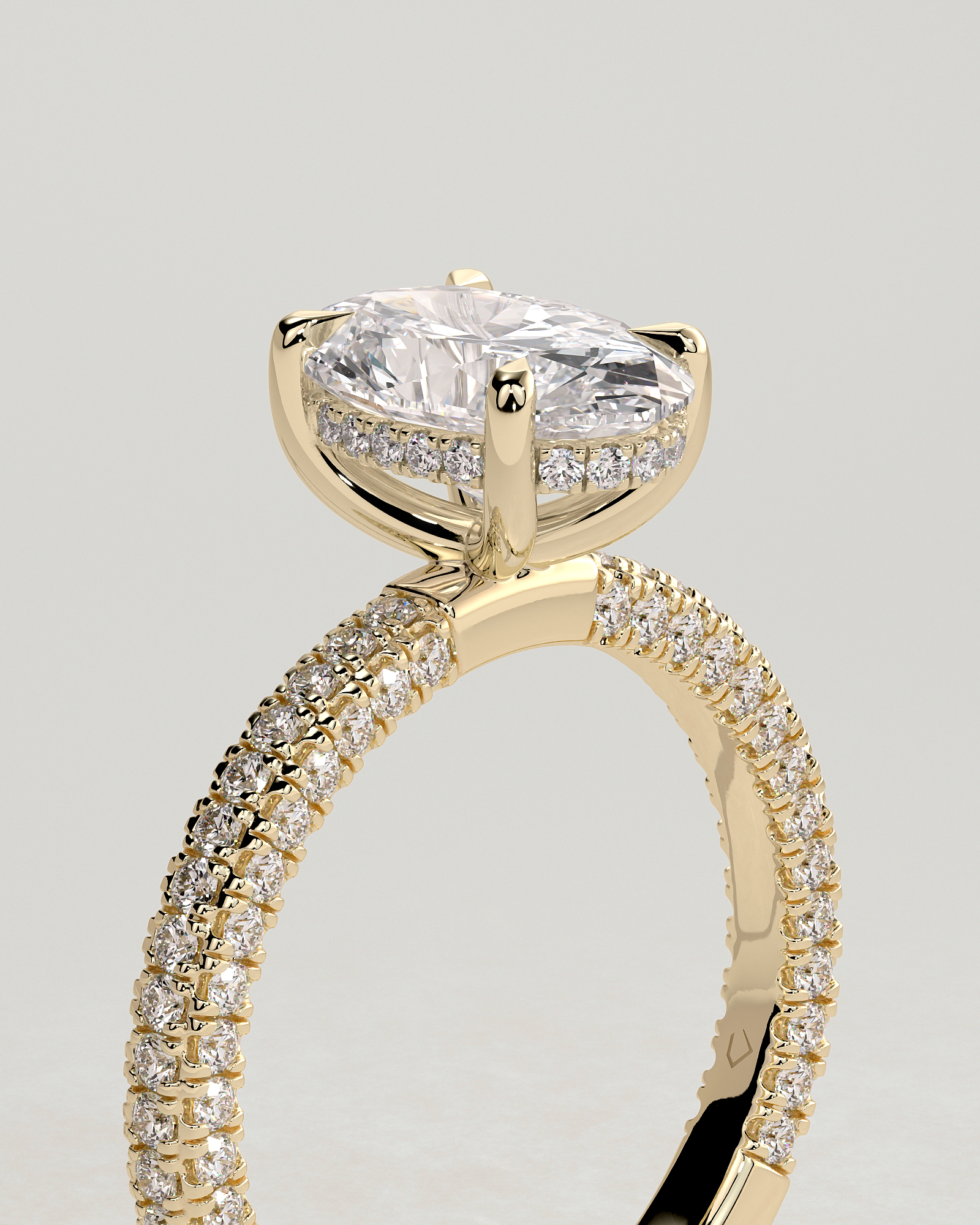 Penelope   Oval Solitaire with Hidden Halo and Triple Pav - 18k Yellow Gold