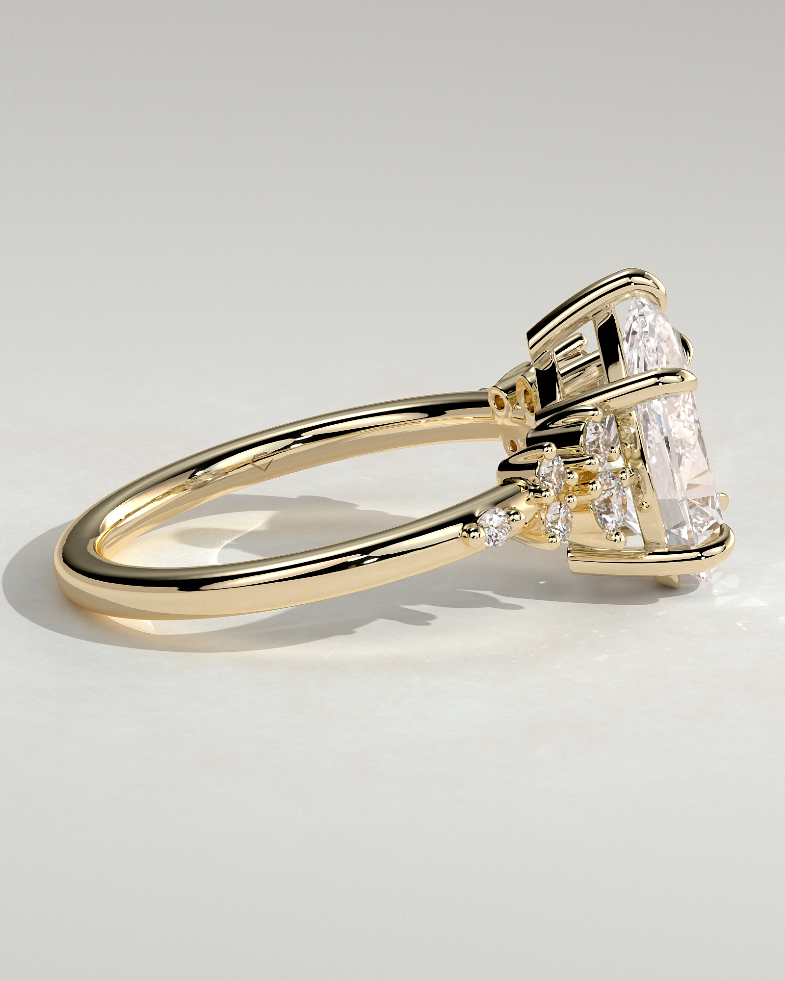 Pear 5 Claw Solitaire with Clustered Round Shoulder Stones Engagement Ring - 18k Yellow Gold