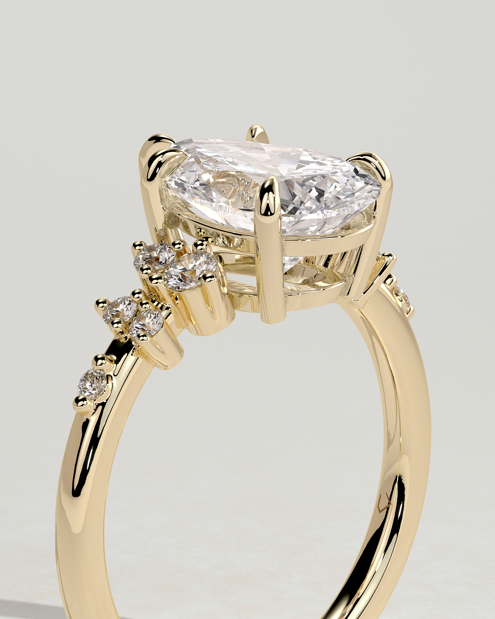 Pear 5 Claw Solitaire with Clustered Round Shoulder Stones Engagement Ring - 18k Yellow Gold