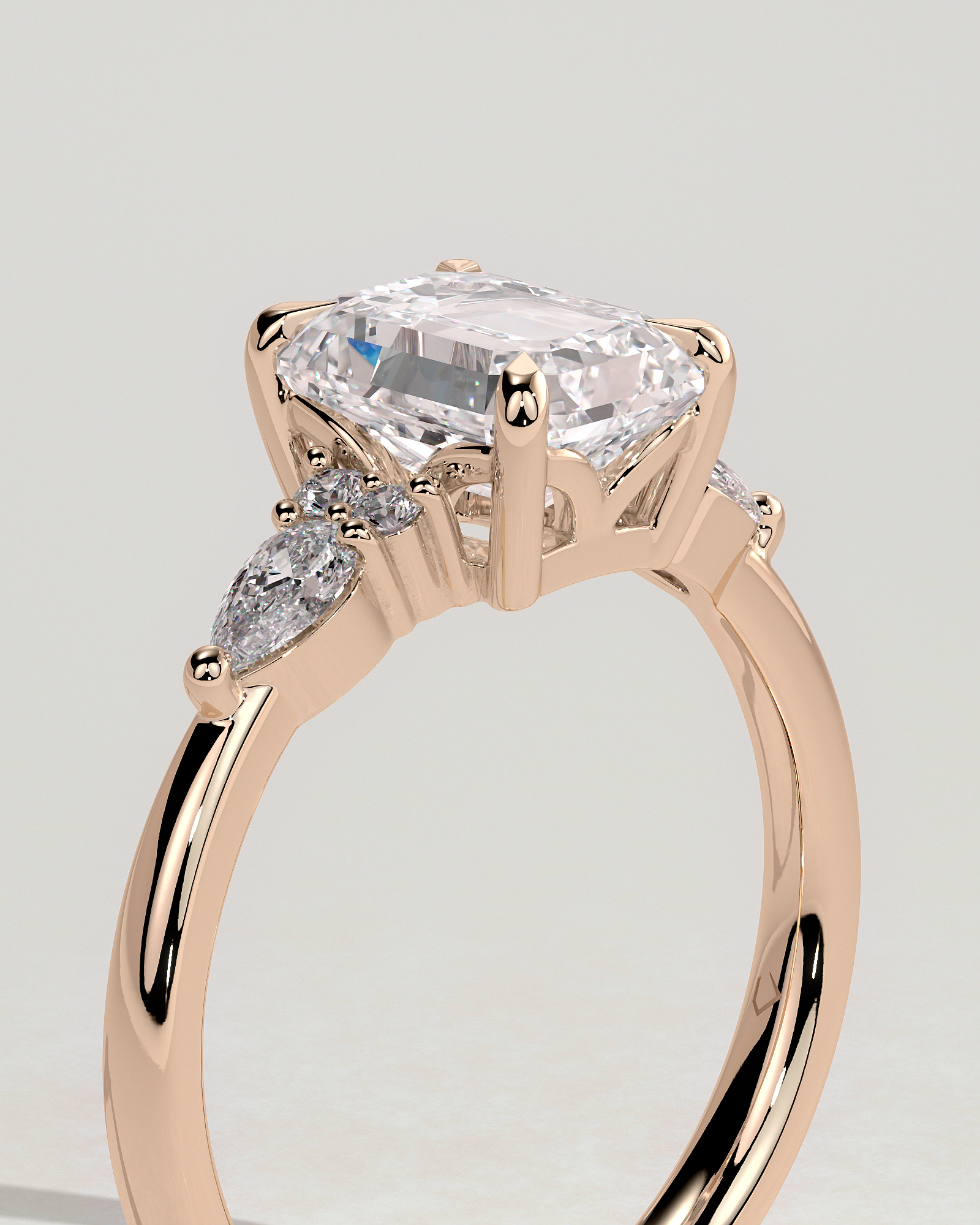 Raleigh - 4 Claw Emerald with Accent Stones - 18k Rose Gold