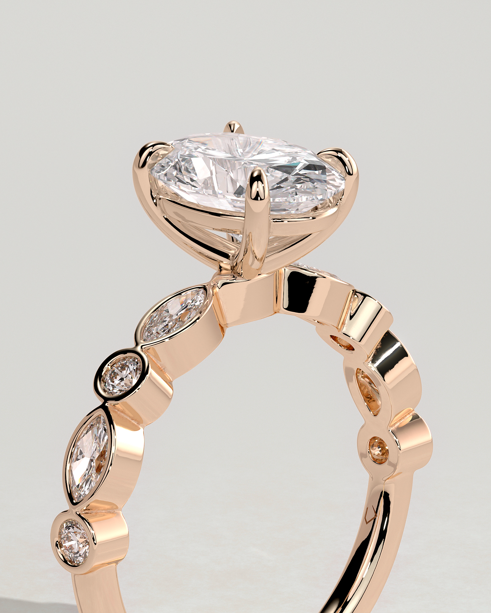 Rhiannon - Oval Solitaire with Bezel Set Accent Stones - 18k Rose Gold