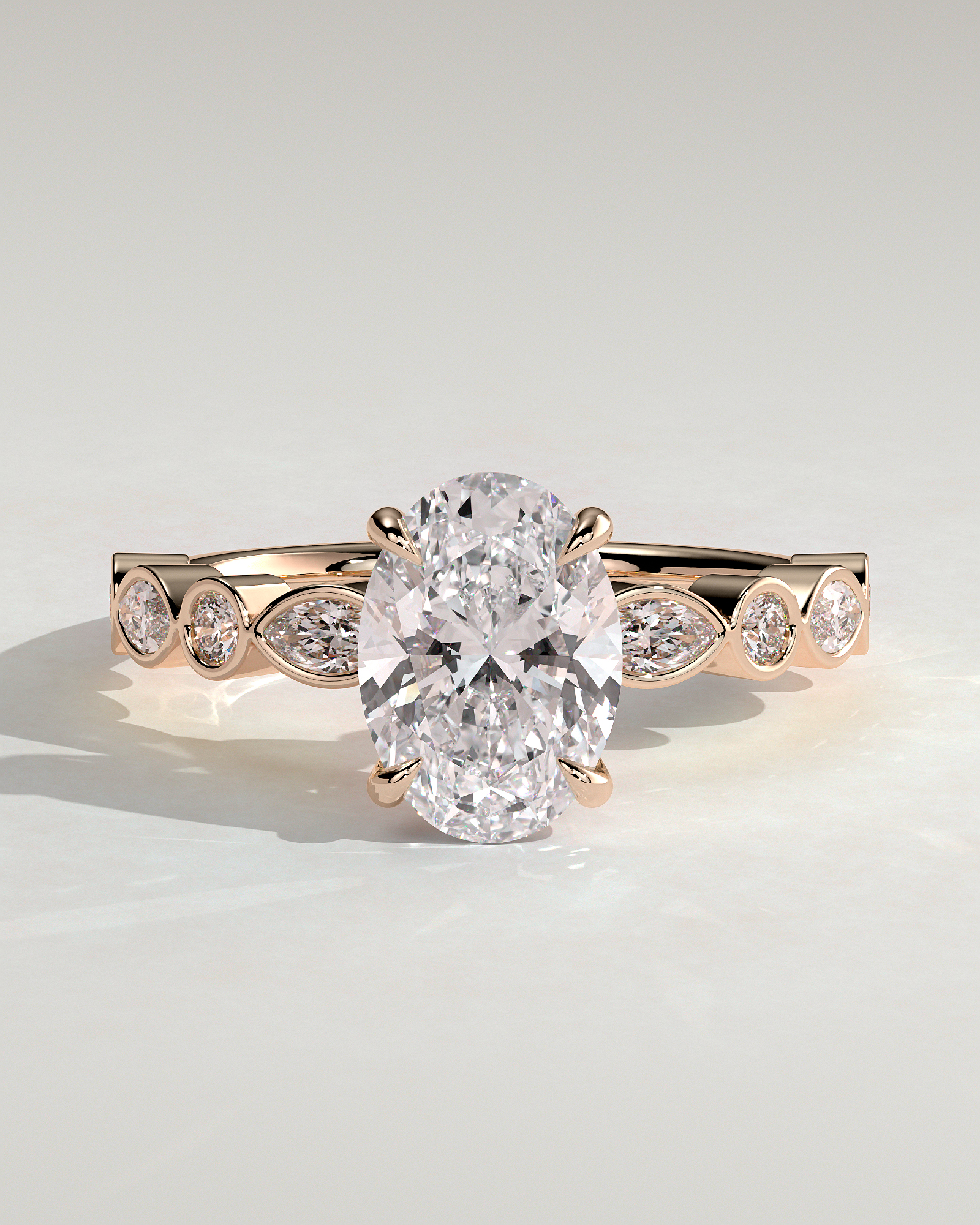Rhiannon - Oval Solitaire with Bezel Set Accent Stones - 18k Rose Gold