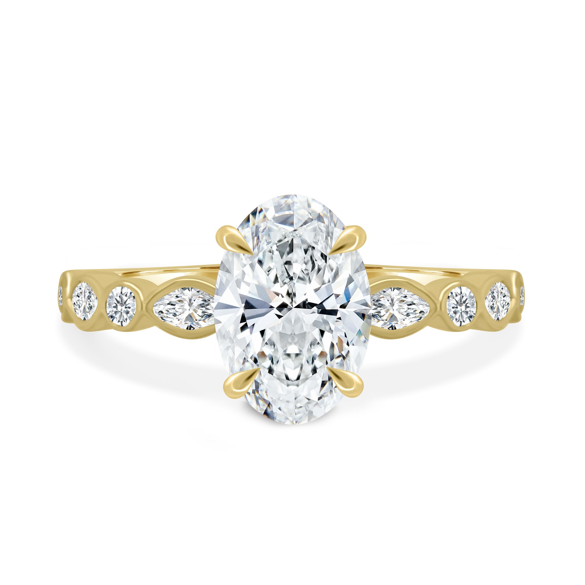 Rhiannon - Oval Solitaire with Bezel Set Accent Stones - 18k Yellow Gold