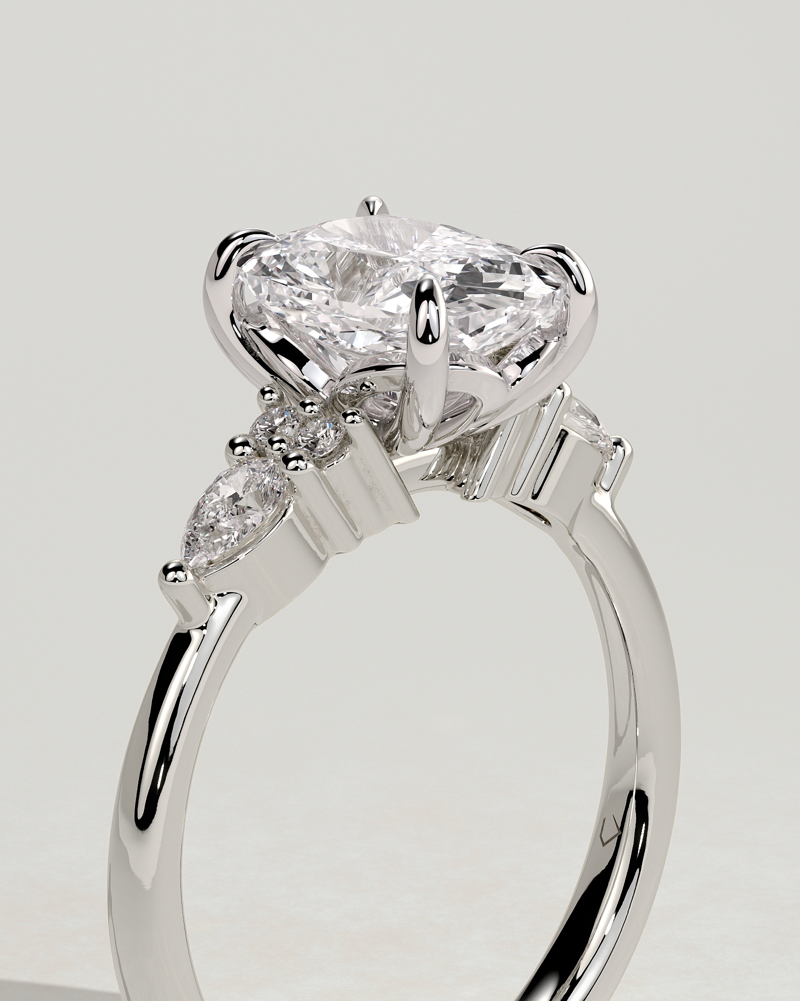 Sadie - Elongated Cushion Trilogy with Round and Pear Stones - 18k White Gold