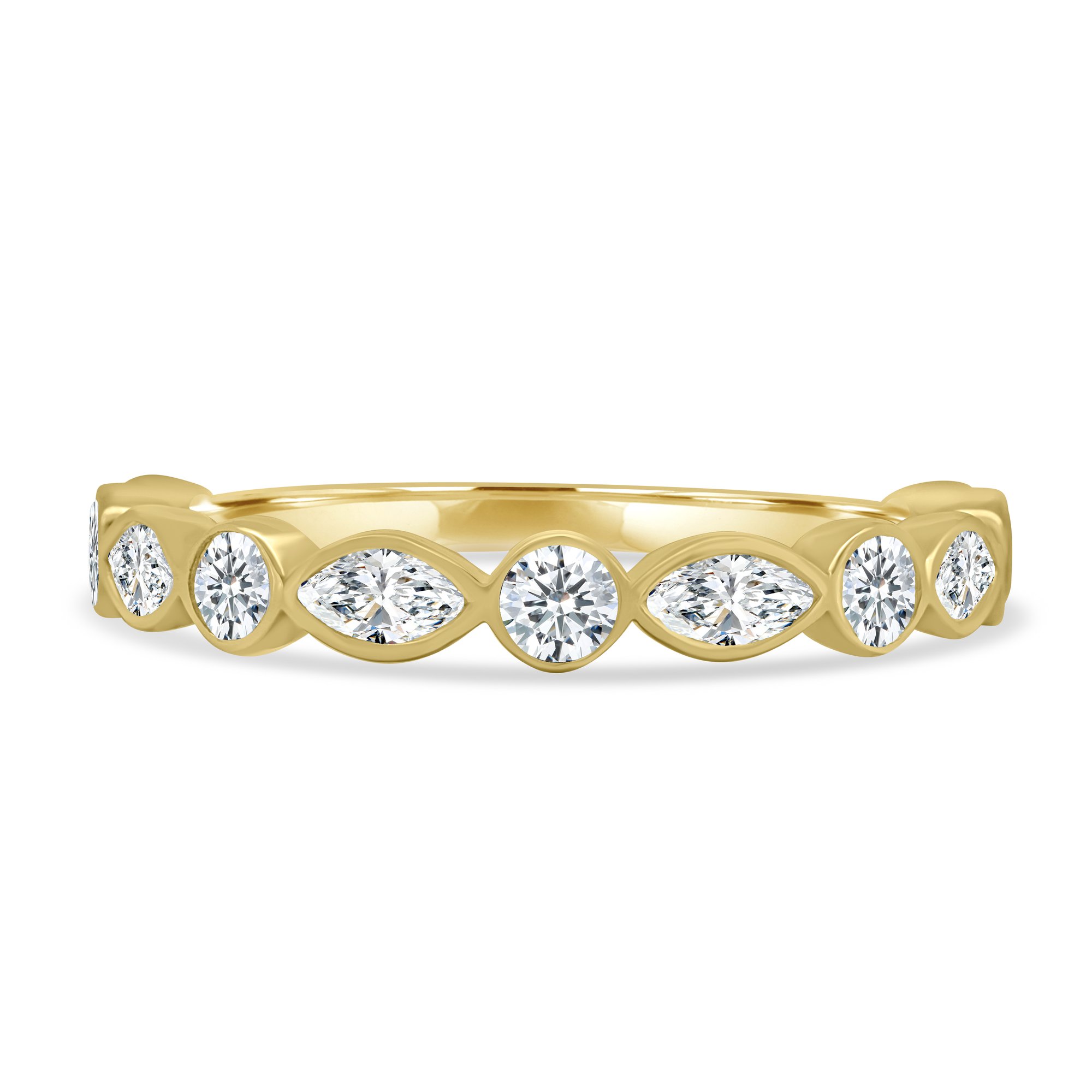 Sarah - Bezel Set Round and Marquise Accent Stones Wedding Ring - 18k Yellow Gold
