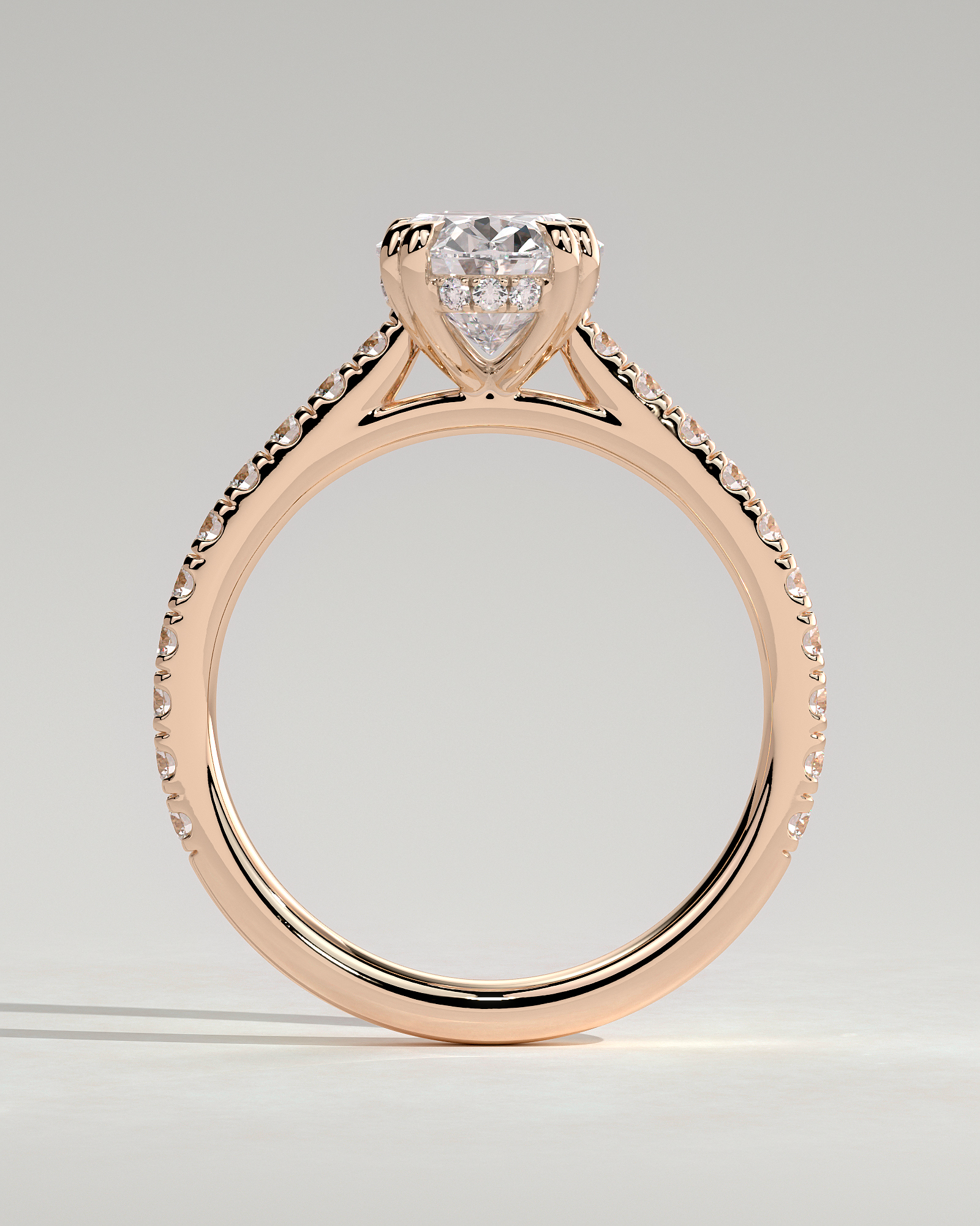 Sasha - Oval Solitaire with Double Tipped Claws and Pav Band - 18k Rose Gold