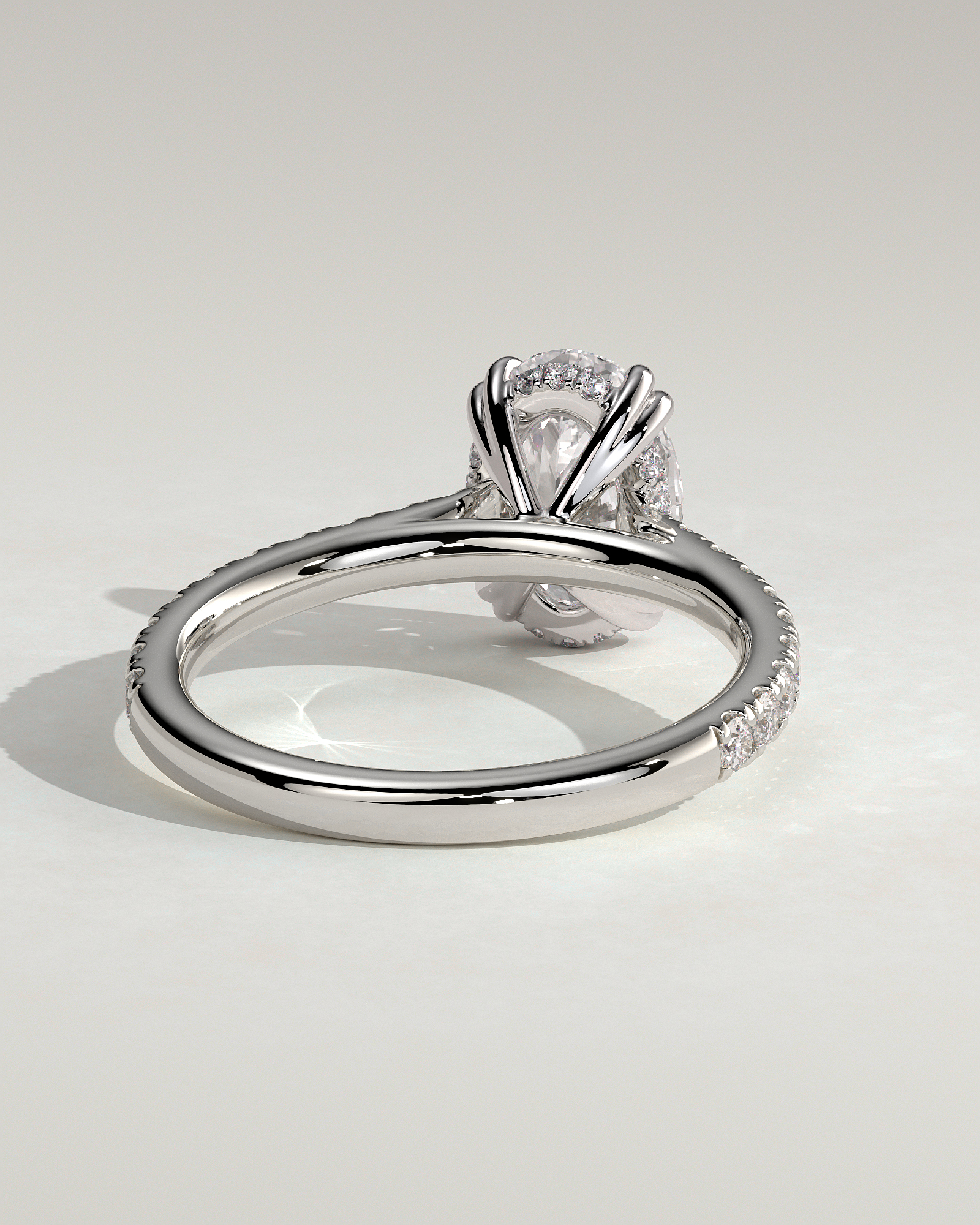 Sasha - Oval Solitaire with Double Tipped Claws and Pav Band - 18k White Gold