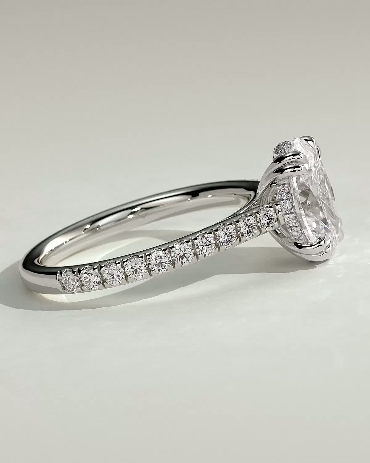 Sasha - Oval Solitaire with Double Tipped Claws and Pav Band - 18k White Gold