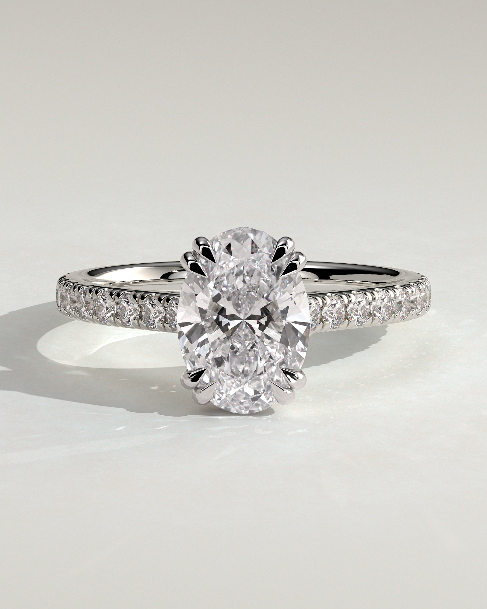 Sasha - Oval Solitaire with Double Tipped Claws and Pav Band - 18k White Gold