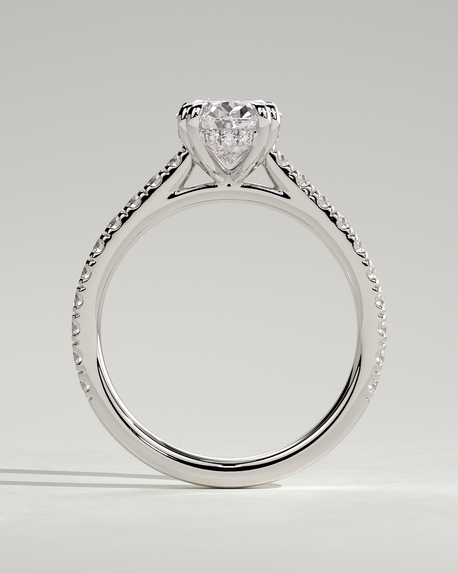 Sasha - Oval Solitaire with Double Tipped Claws and Pav Band - 18k White Gold