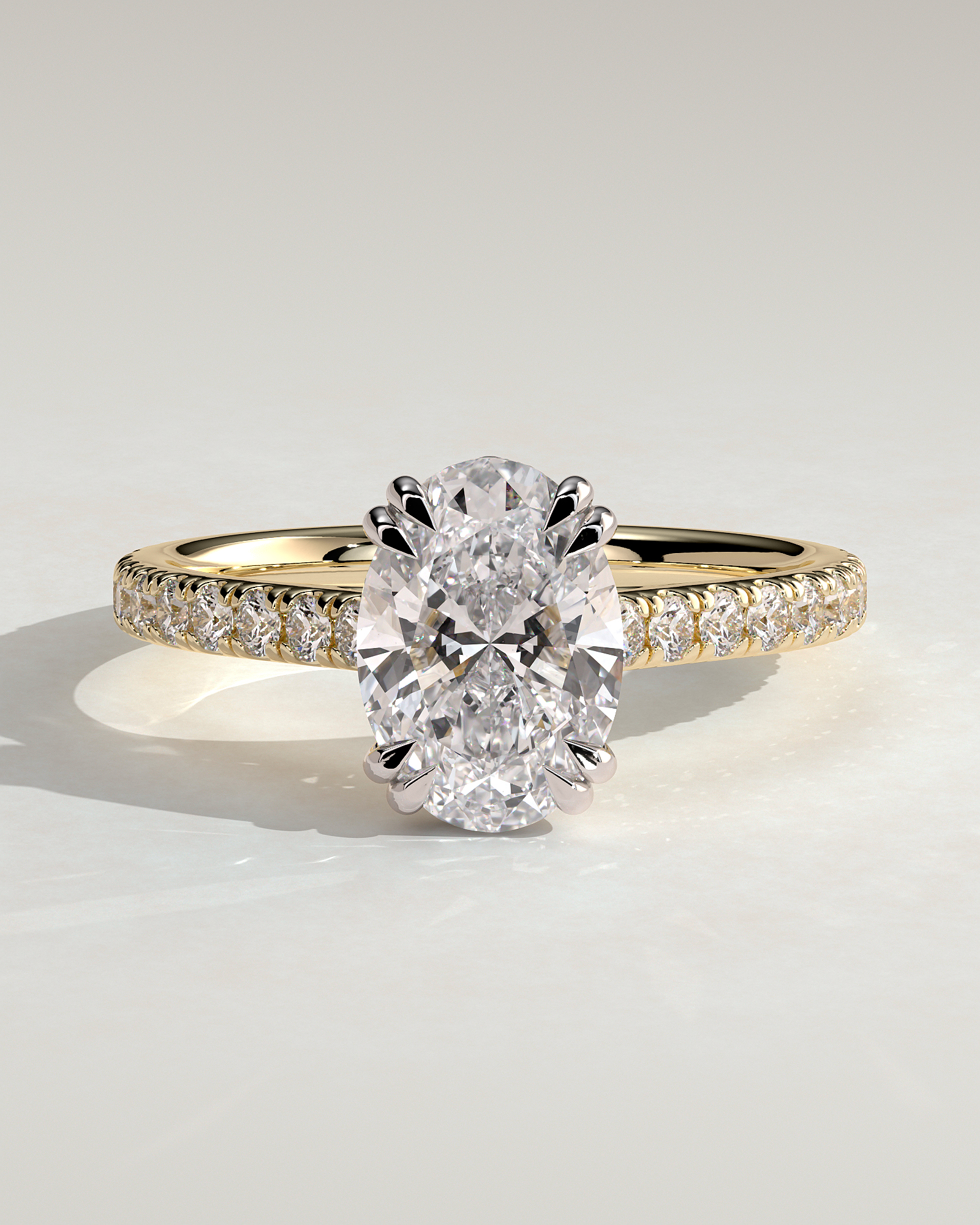 Sasha - Oval Solitaire with Double Tipped Claws and Pav Band - 18k Yellow Gold / 18k White Gold