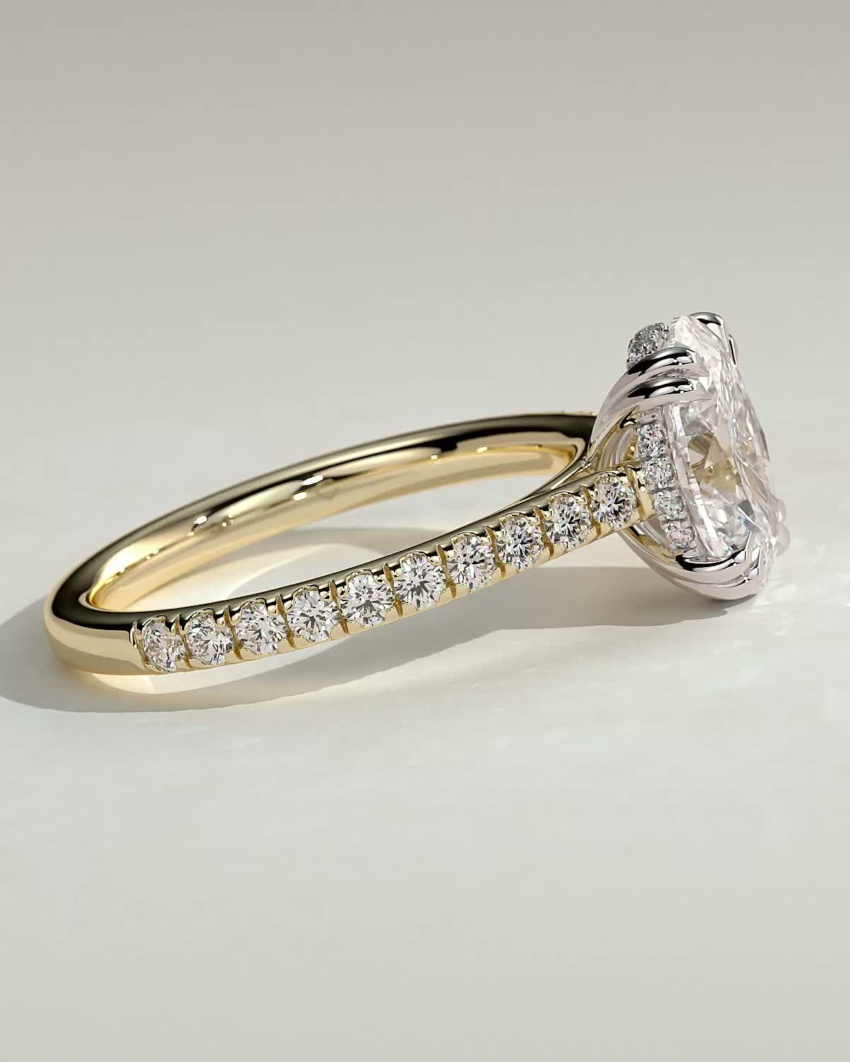 Sasha - Oval Solitaire with Double Tipped Claws and Pav Band - 18k Yellow Gold / 18k White Gold