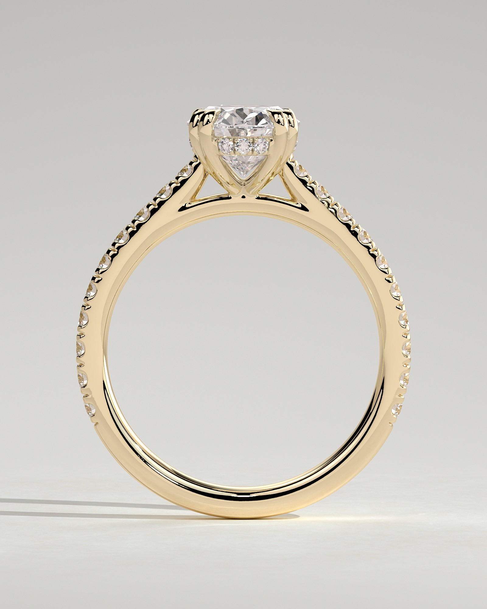 Sasha - Oval Solitaire with Double Tipped Claws and Pav Band - 18k Yellow Gold