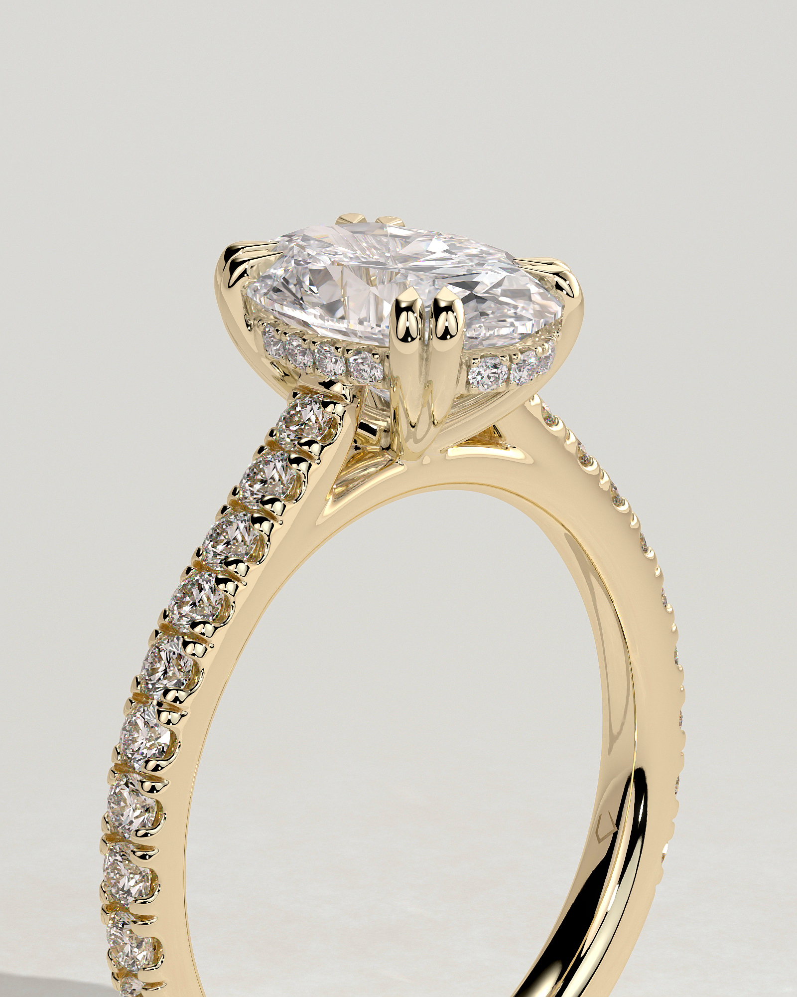 Sasha - Oval Solitaire with Double Tipped Claws and Pav Band - 18k Yellow Gold