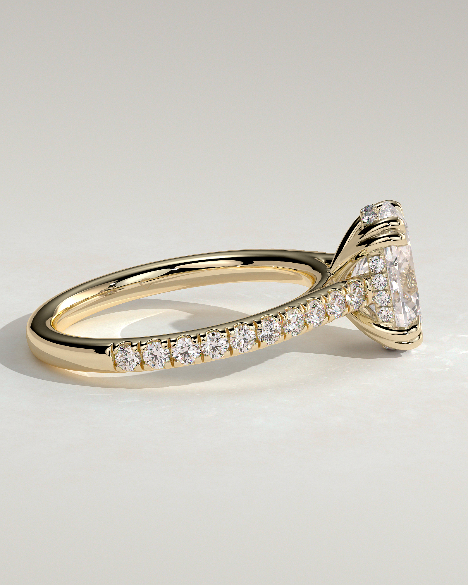 Sasha - Oval Solitaire with Double Tipped Claws and Pav Band - 18k Yellow Gold