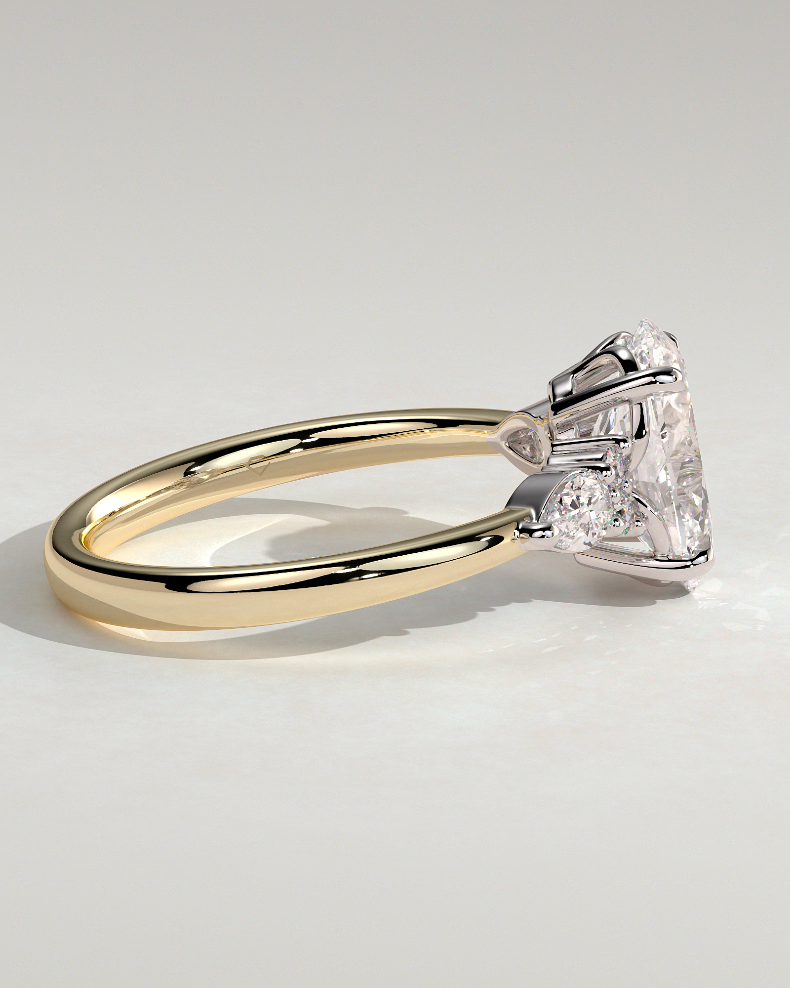 Sheridan - Oval 4 Claw Solitaire with Pear Accents and Round Shoulder Stones Engagement Ring - 18k Yellow Gold / 18k White Gold Low Setting
