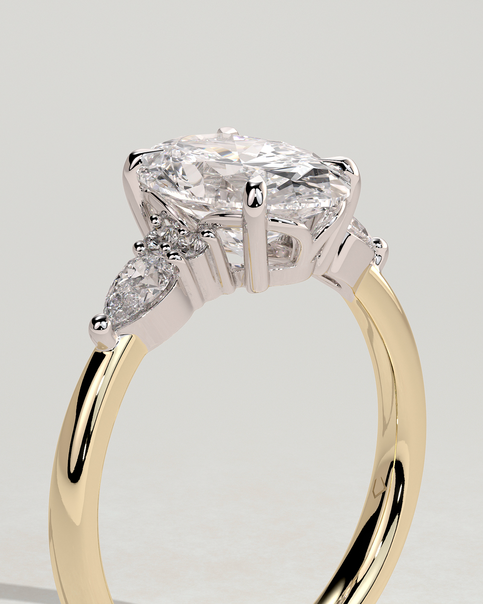 Sheridan - Oval 4 Claw Solitaire with Pear Accents and Round Shoulder Stones Engagement Ring - 18k Yellow Gold / 18k White Gold Low Setting