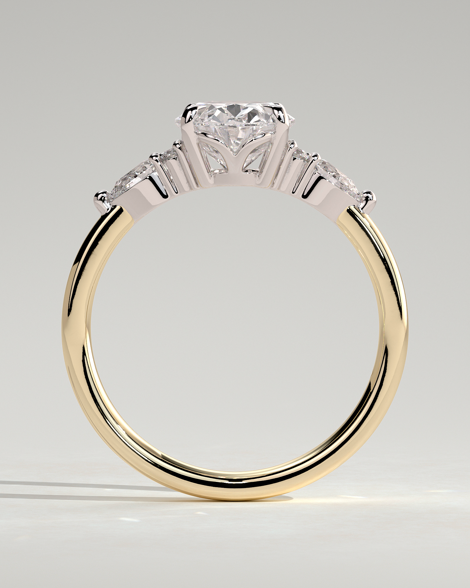 Sheridan - Oval 4 Claw Solitaire with Pear Accents and Round Shoulder Stones Engagement Ring - 18k Yellow Gold / 18k White Gold Low Setting