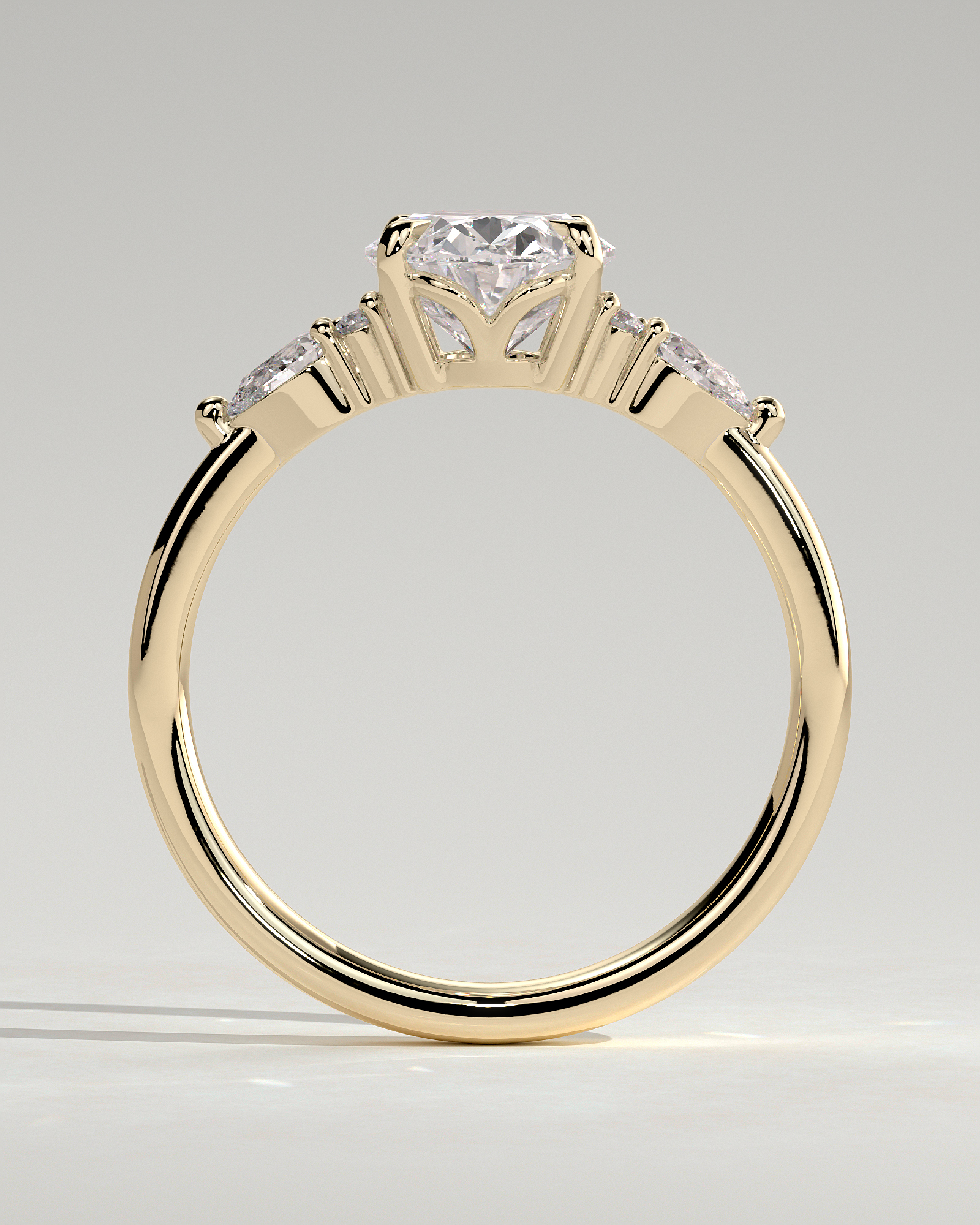 Sheridan - Oval 4 Claw Solitaire with Pear Accents and Round Shoulder Stones Engagement Ring - 18k Yellow Gold Low Setting