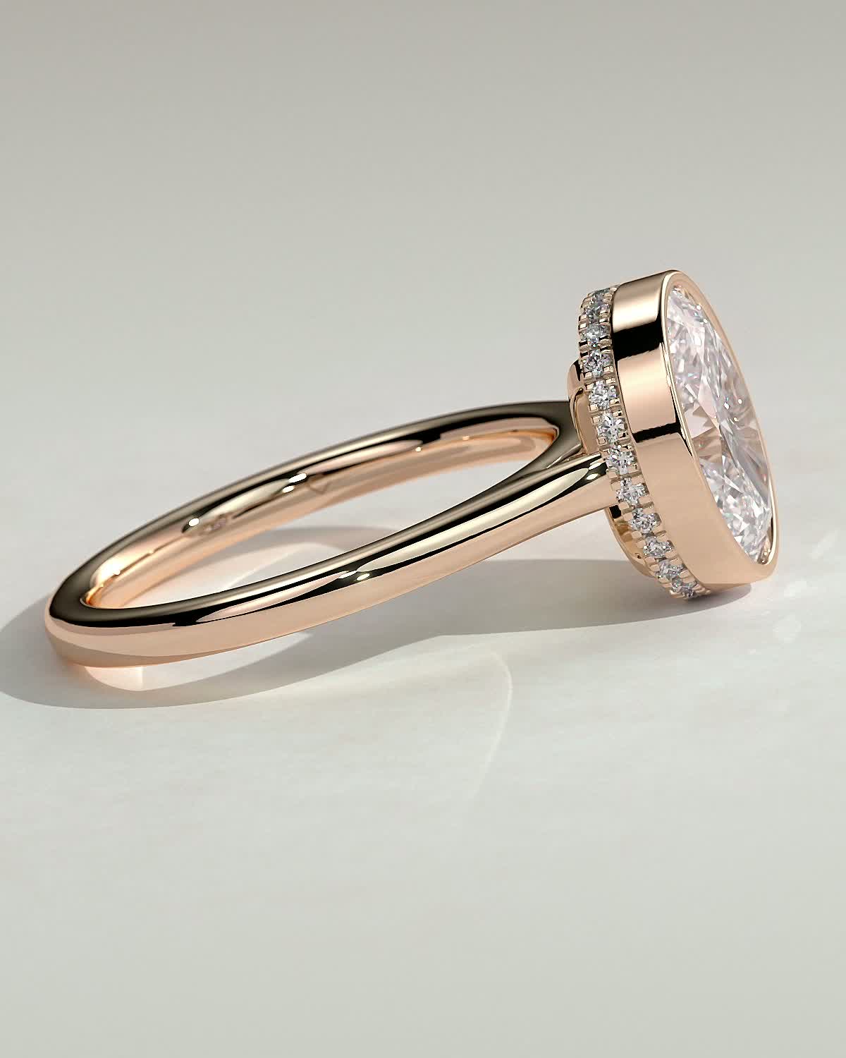 Oval Bezel Solitaire with Hidden Halo and Cathedral Setting Engagement Ring - 18k Rose Gold