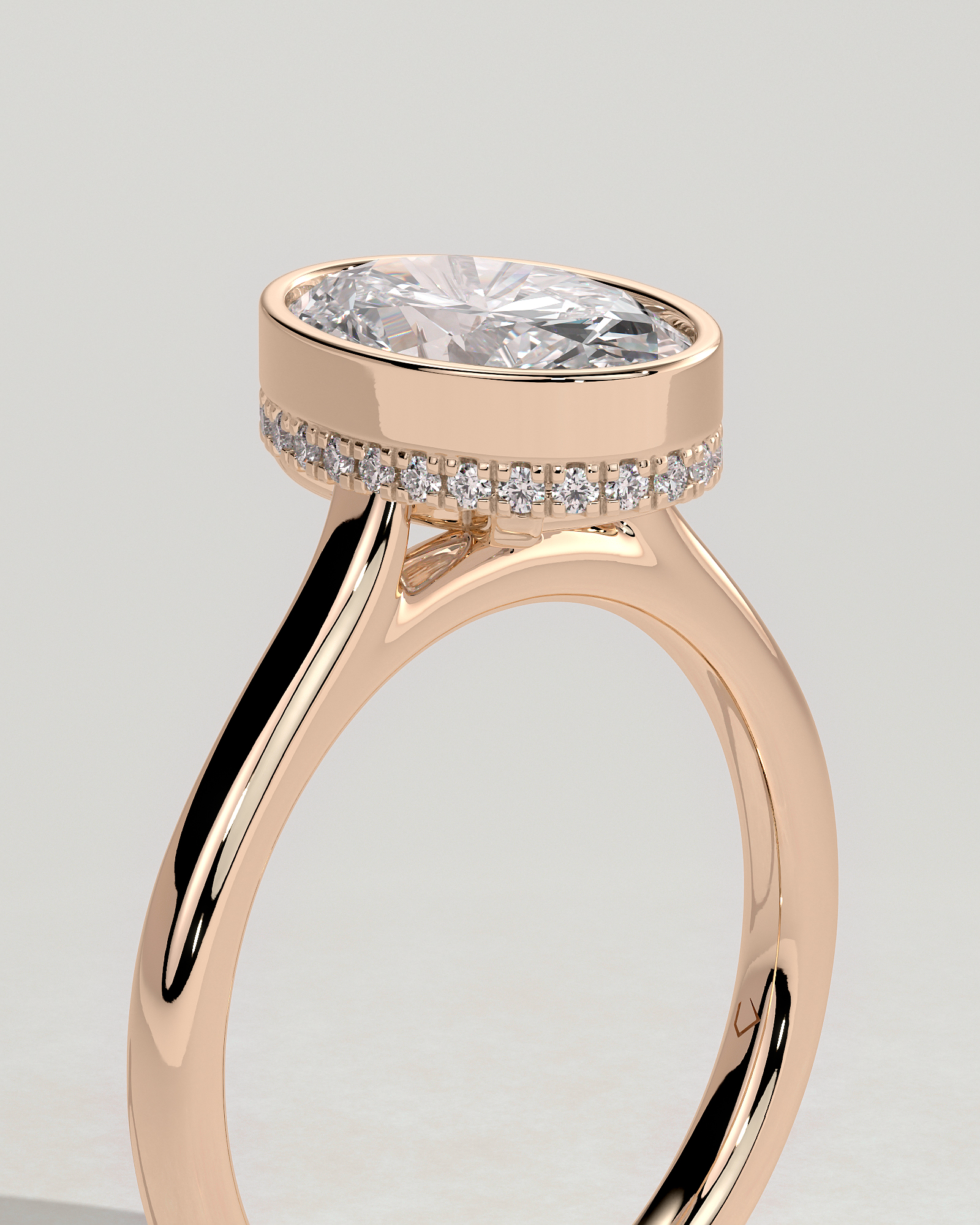 Oval Bezel Solitaire with Hidden Halo and Cathedral Setting Engagement Ring - 18k Rose Gold