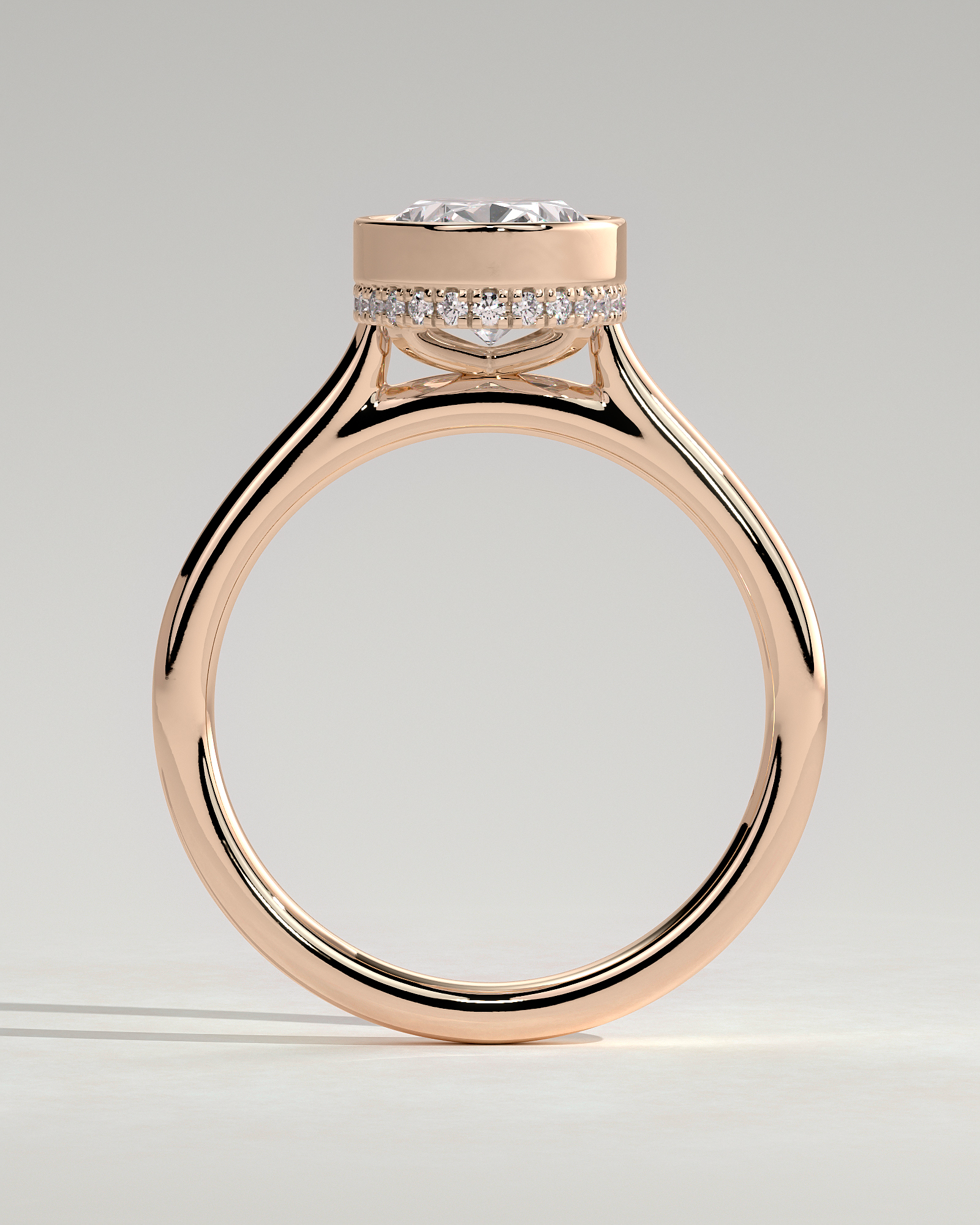 Oval Bezel Solitaire with Hidden Halo and Cathedral Setting Engagement Ring - 18k Rose Gold