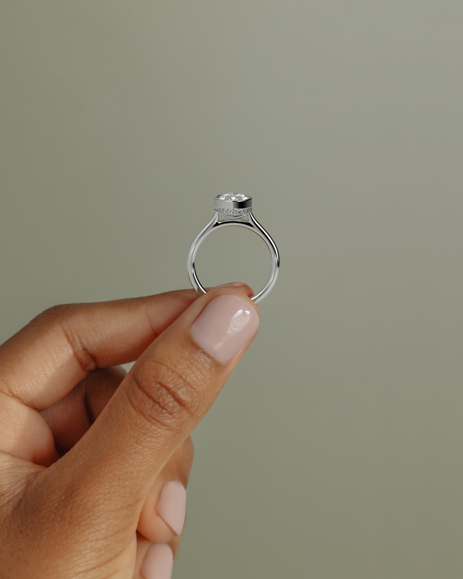 Oval Bezel Solitaire with Hidden Halo and Cathedral Setting Engagement Ring - 18k White Gold