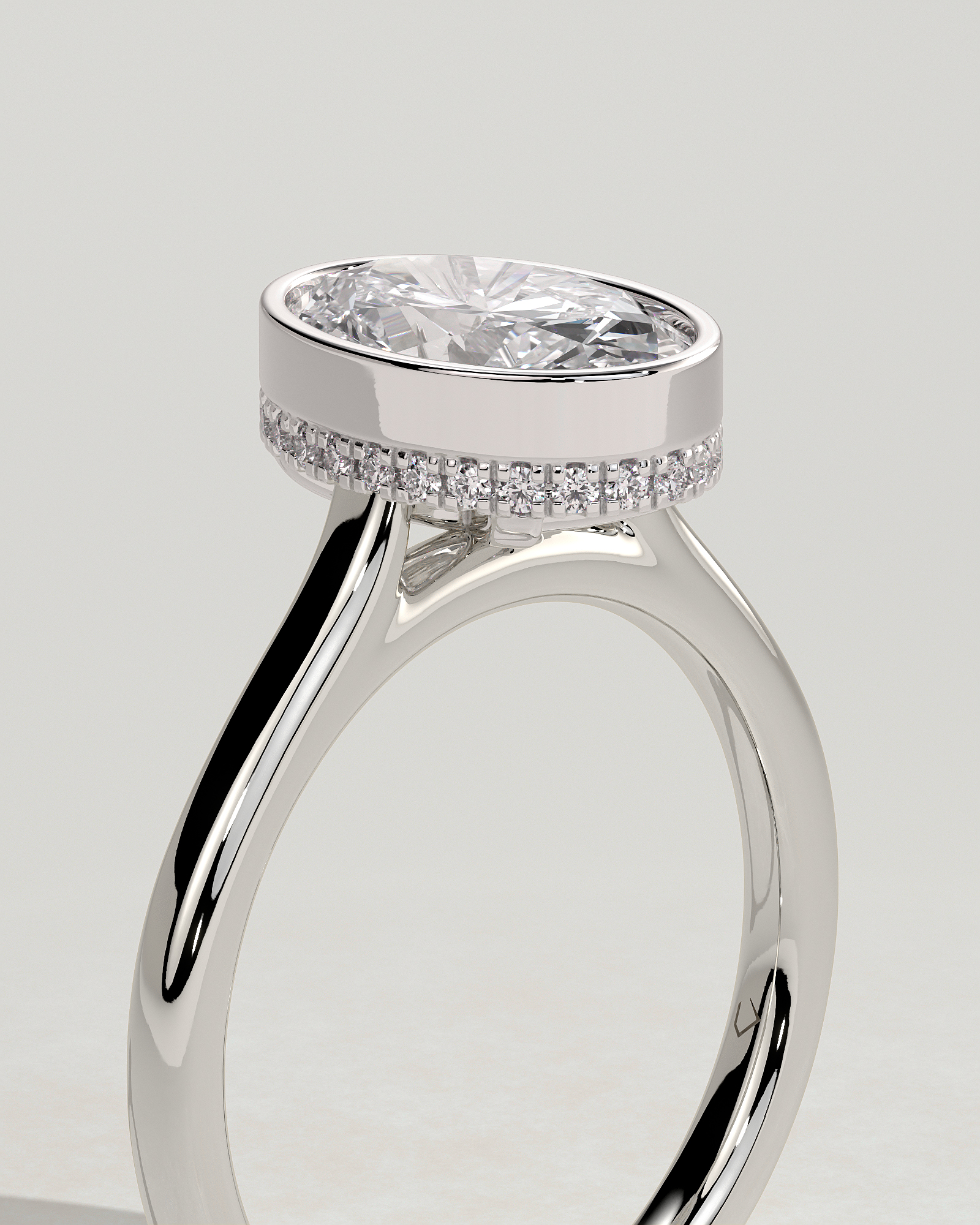 Oval Bezel Solitaire with Hidden Halo and Cathedral Setting Engagement Ring - 18k White Gold