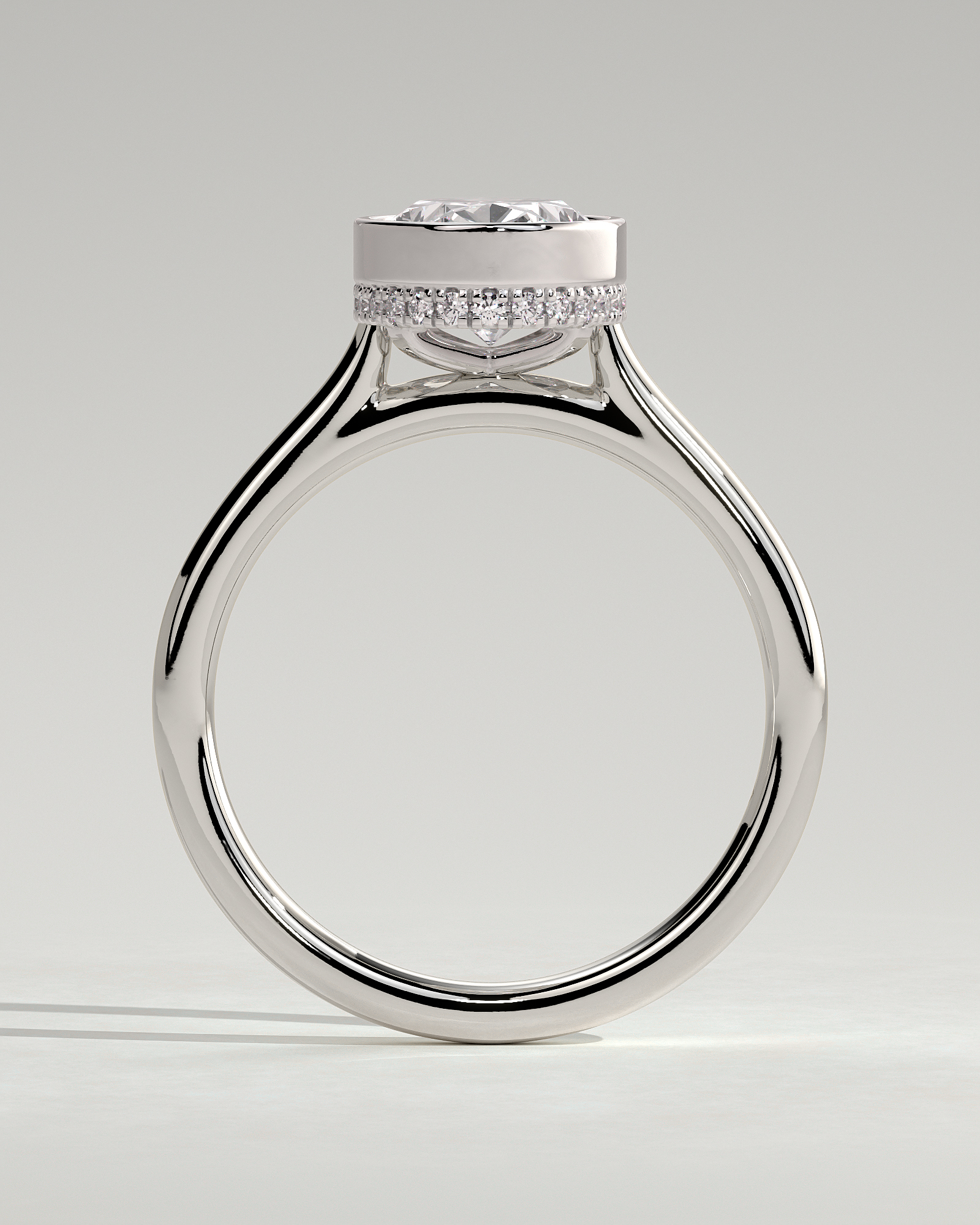Oval Bezel Solitaire with Hidden Halo and Cathedral Setting Engagement Ring - 18k White Gold