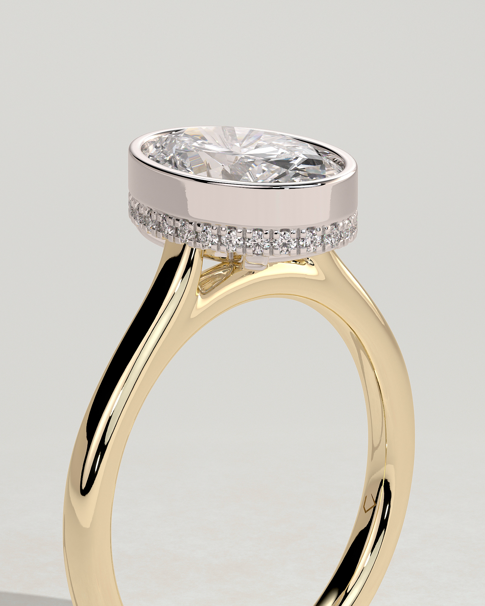 Oval Bezel Solitaire with Hidden Halo and Cathedral Setting Engagement Ring - 18k Yellow Gold / 18k White Gold