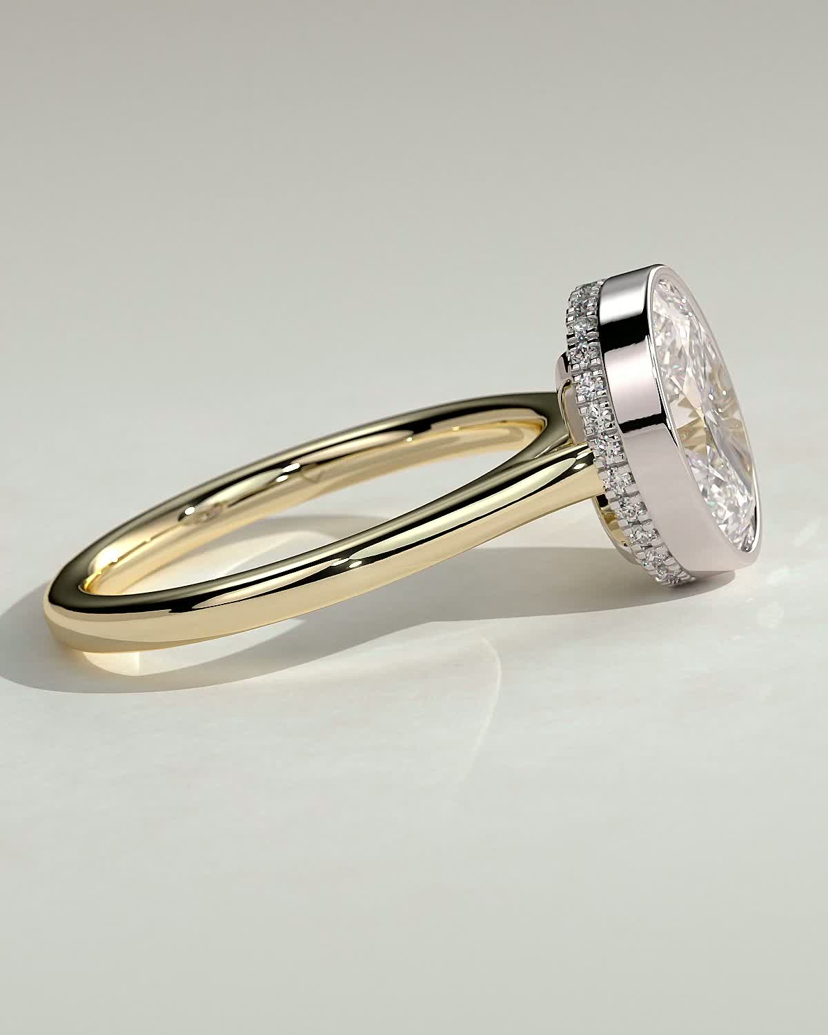 Oval Bezel Solitaire with Hidden Halo and Cathedral Setting Engagement Ring - 18k Yellow Gold / 18k White Gold