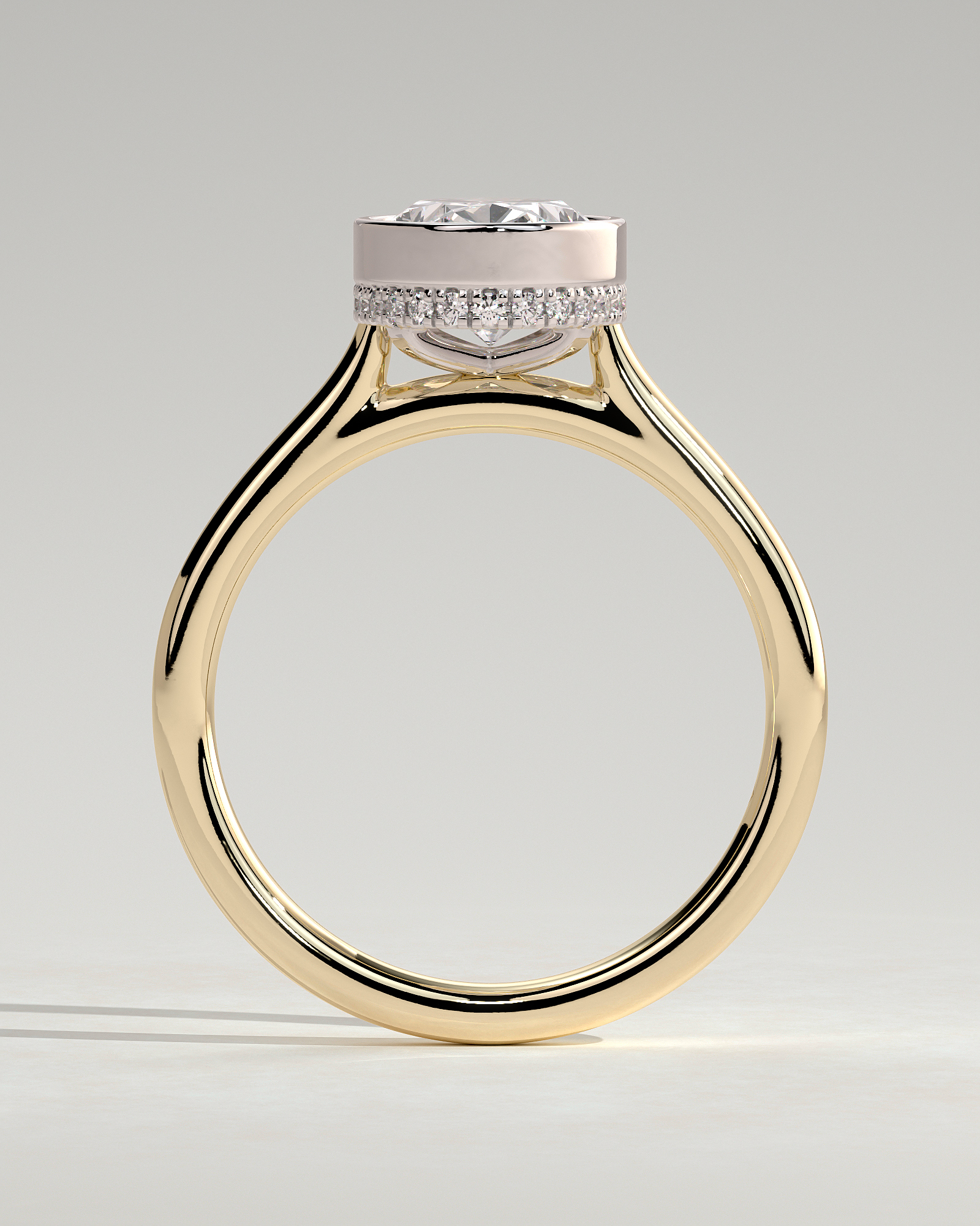Oval Bezel Solitaire with Hidden Halo and Cathedral Setting Engagement Ring - 18k Yellow Gold / 18k White Gold