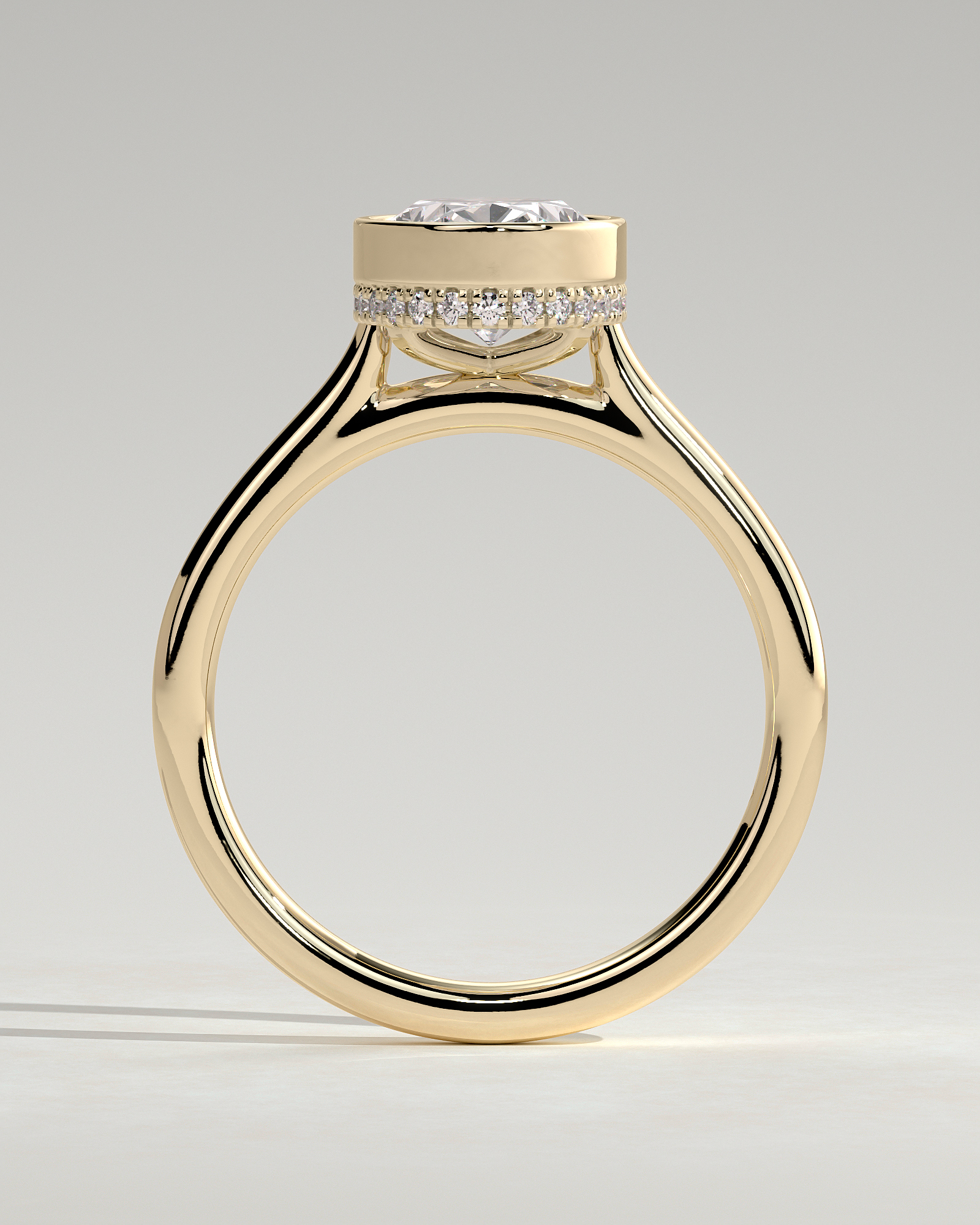 Oval Bezel Solitaire with Hidden Halo and Cathedral Setting Engagement Ring - 18k Yellow Gold