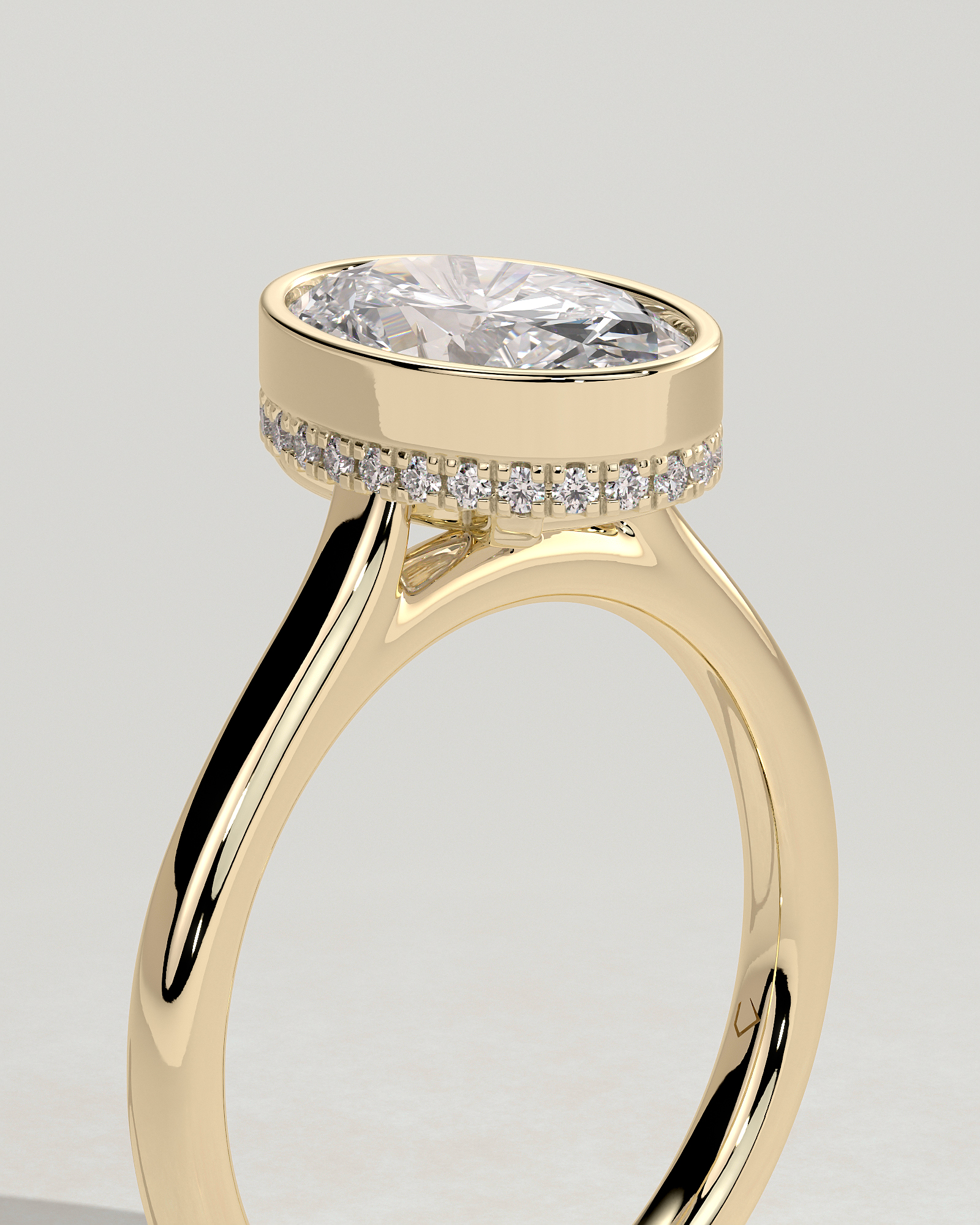 Oval Bezel Solitaire with Hidden Halo and Cathedral Setting Engagement Ring - 18k Yellow Gold
