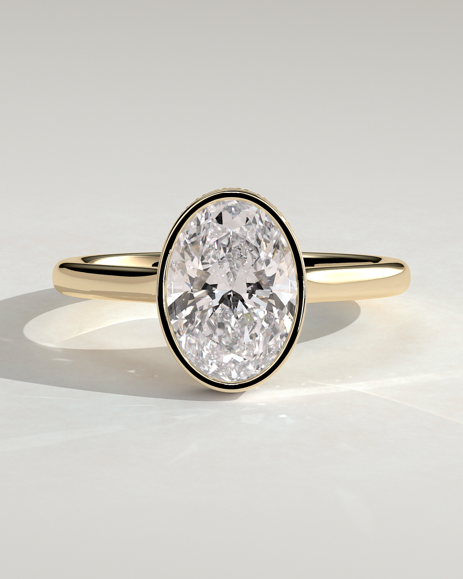 Oval Bezel Solitaire with Hidden Halo and Cathedral Setting Engagement Ring - 18k Yellow Gold