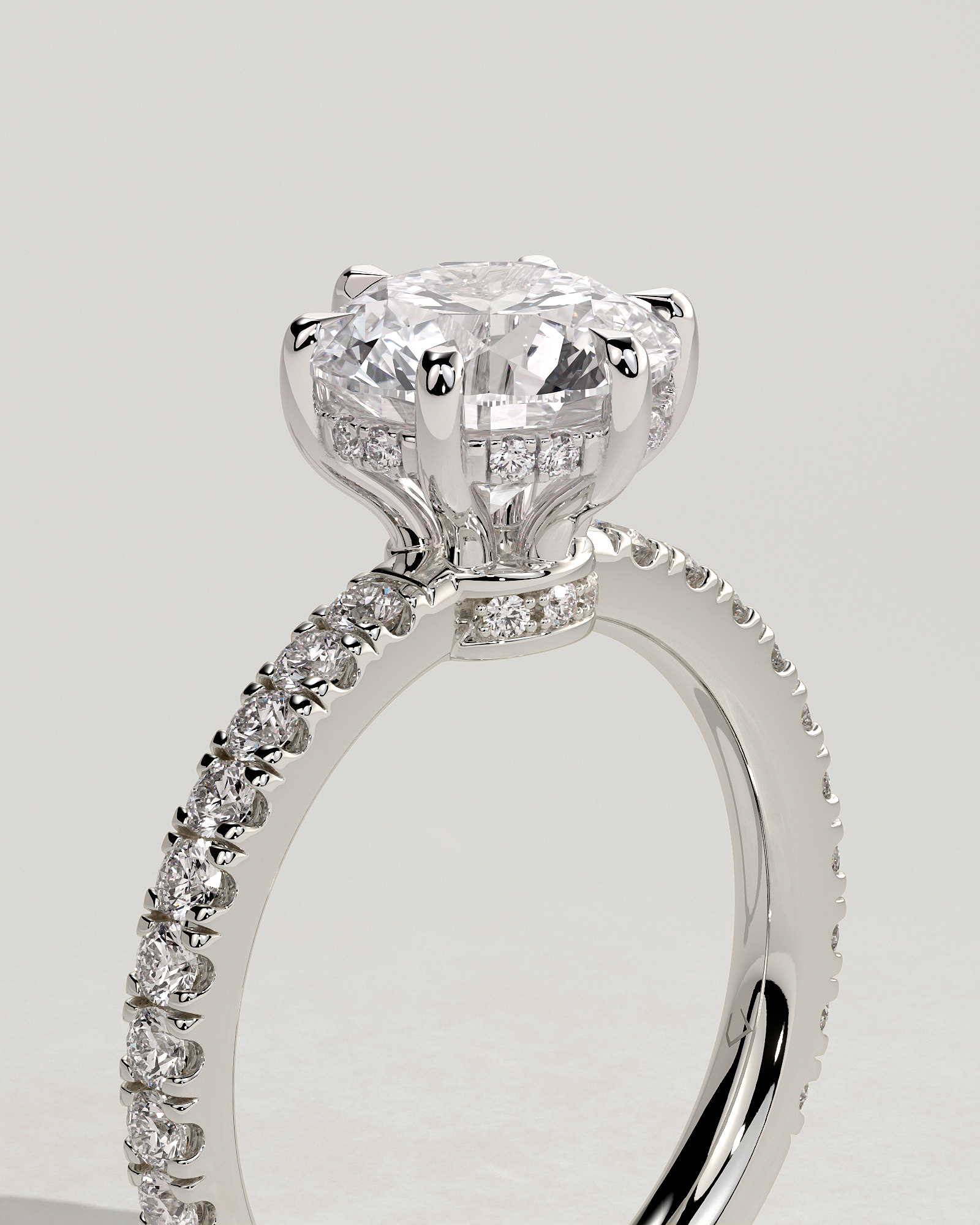 Siobhan - 6 Claw Round Solitaire with Hidden Halo and Collar - 18k White Gold