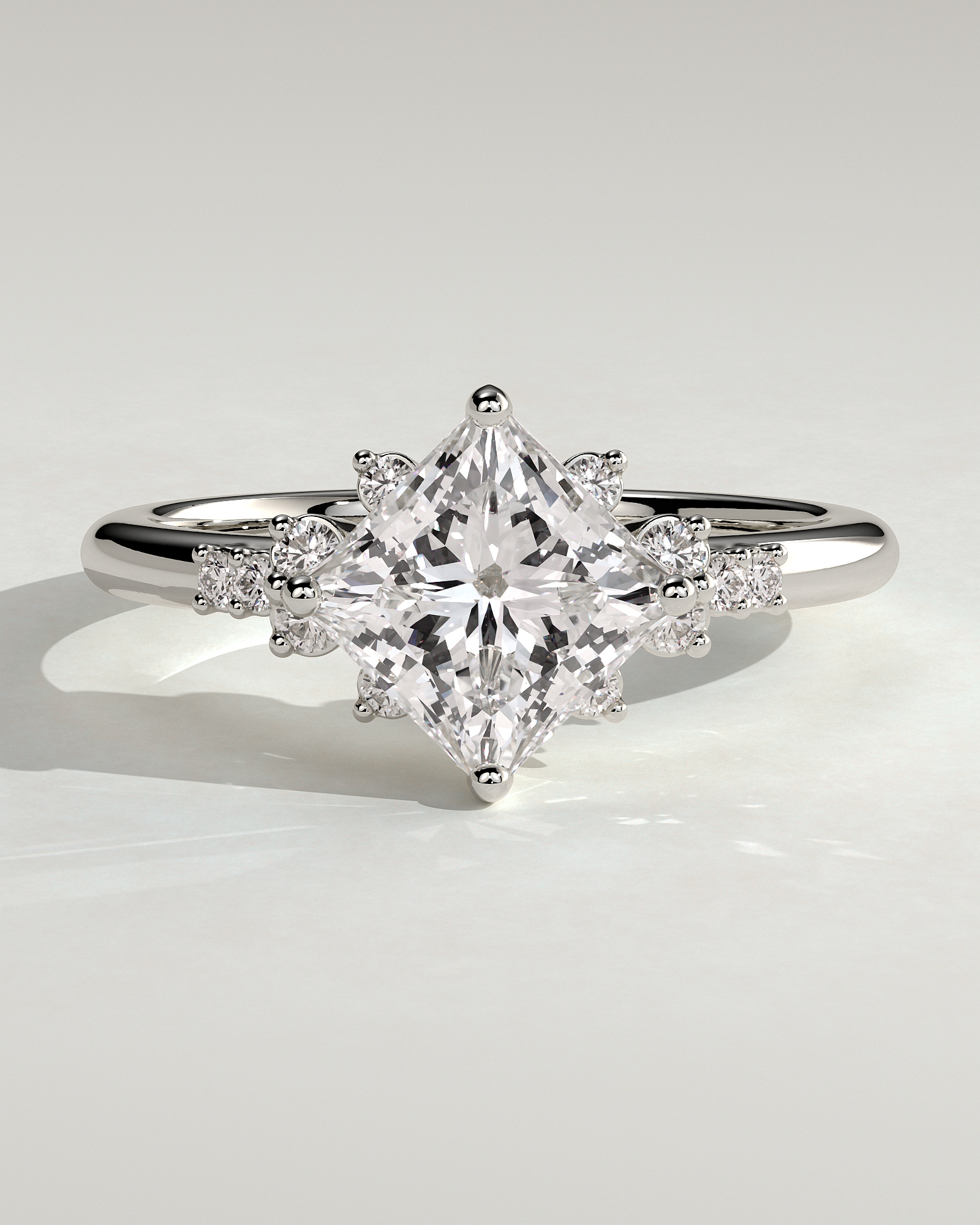 Sophia - Princess Solitaire with Accent Stones - 18k White Gold