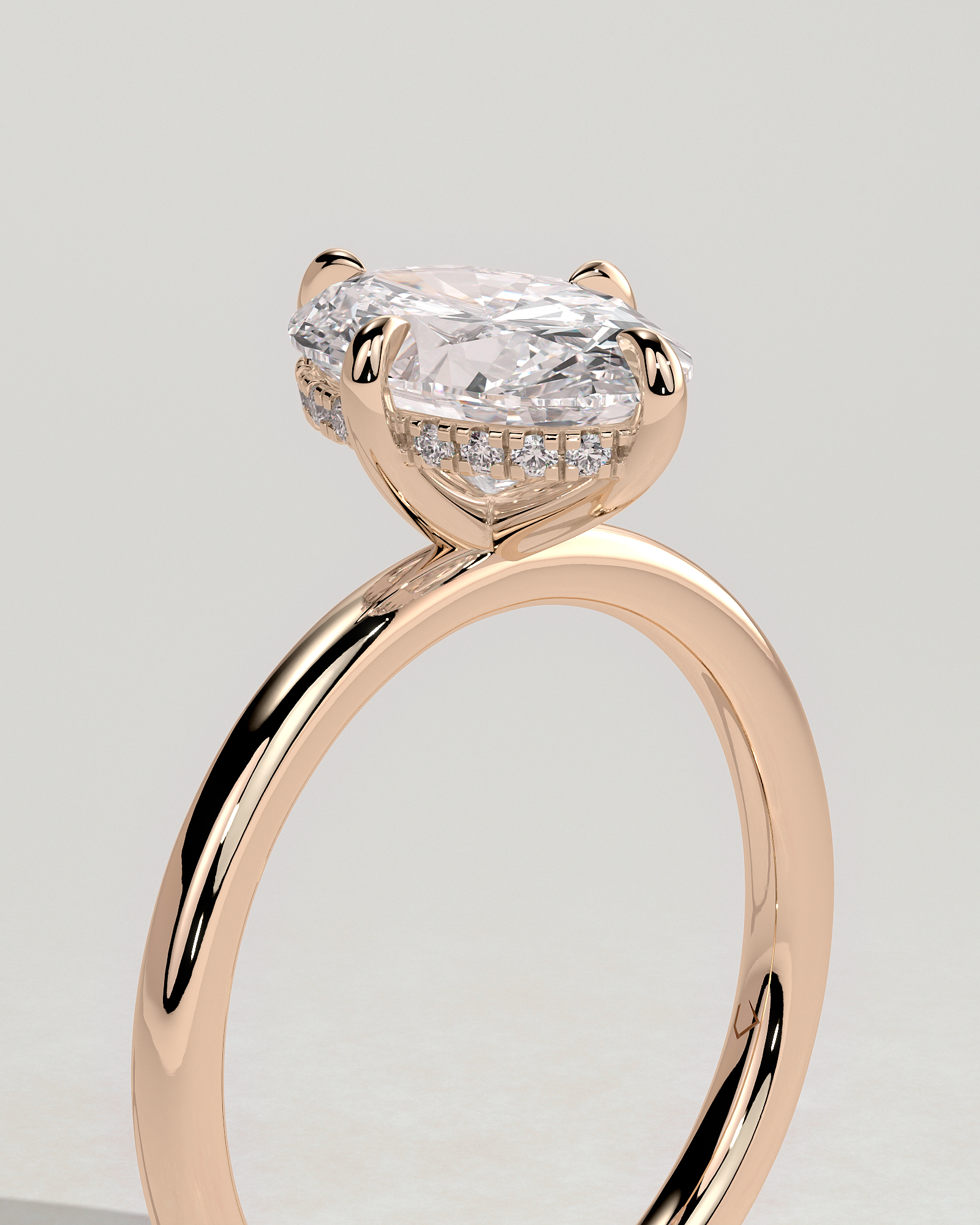 Spencer - Oval 4 Claw Solitaire with Hidden Halo and Compass Rotation  Engagement Ring - 18k Rose Gold High Setting