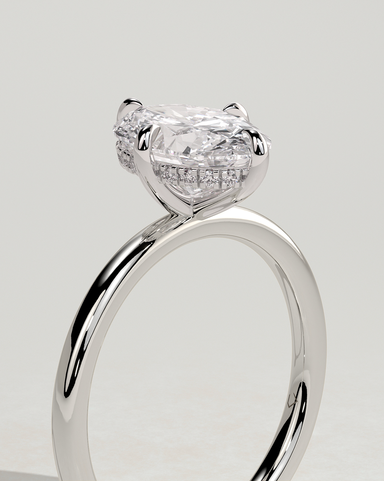 Spencer - Oval 4 Claw Solitaire with Hidden Halo and Compass Rotation  Engagement Ring - 18k White Gold High Setting