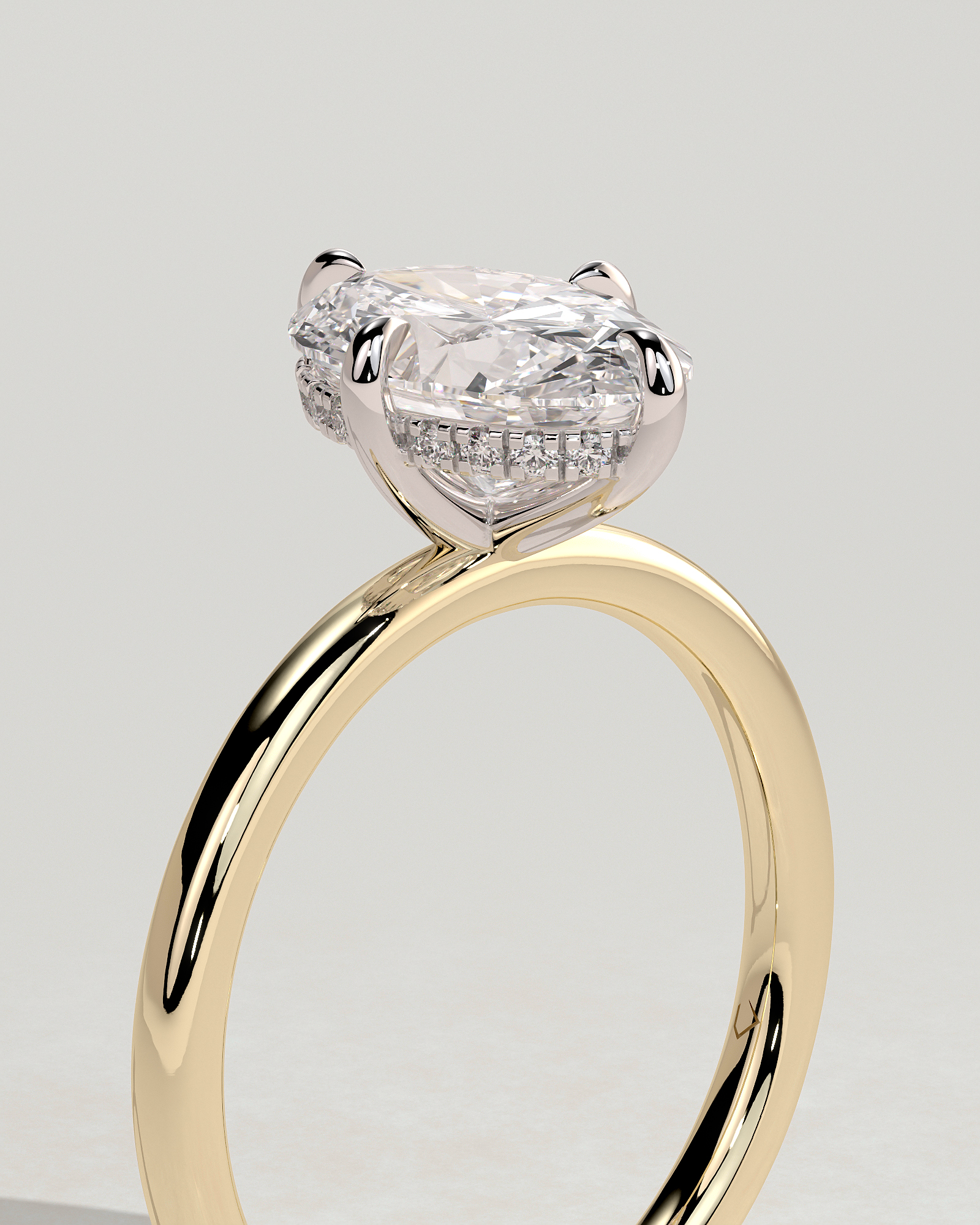 Spencer - Oval 4 Claw Solitaire with Hidden Halo and Compass Rotation  Engagement Ring - 18k Yellow Gold / 18k White Gold High Setting
