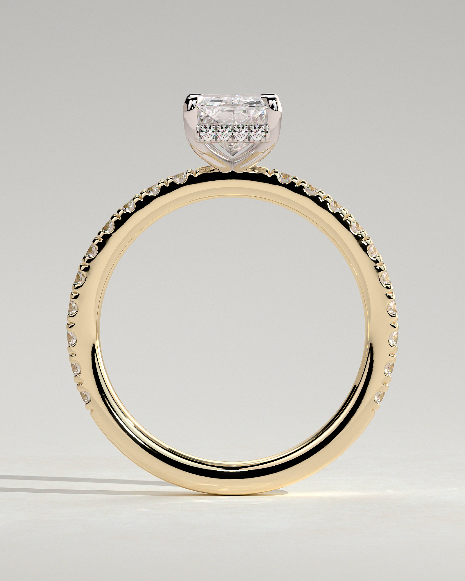 Thea - 4 Claw Pav Radiant Solitaire with Hidden Halo - 18k Yellow Gold / 18k White Gold