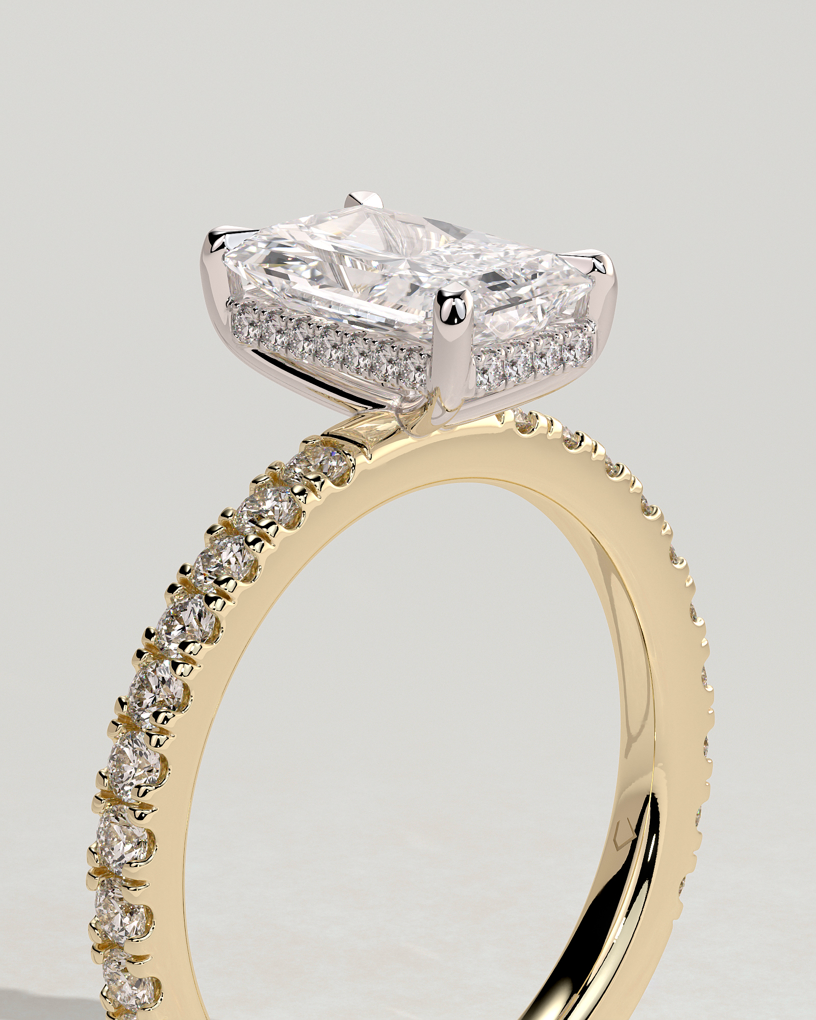 Thea - 4 Claw Pav Radiant Solitaire with Hidden Halo - 18k Yellow Gold / 18k White Gold