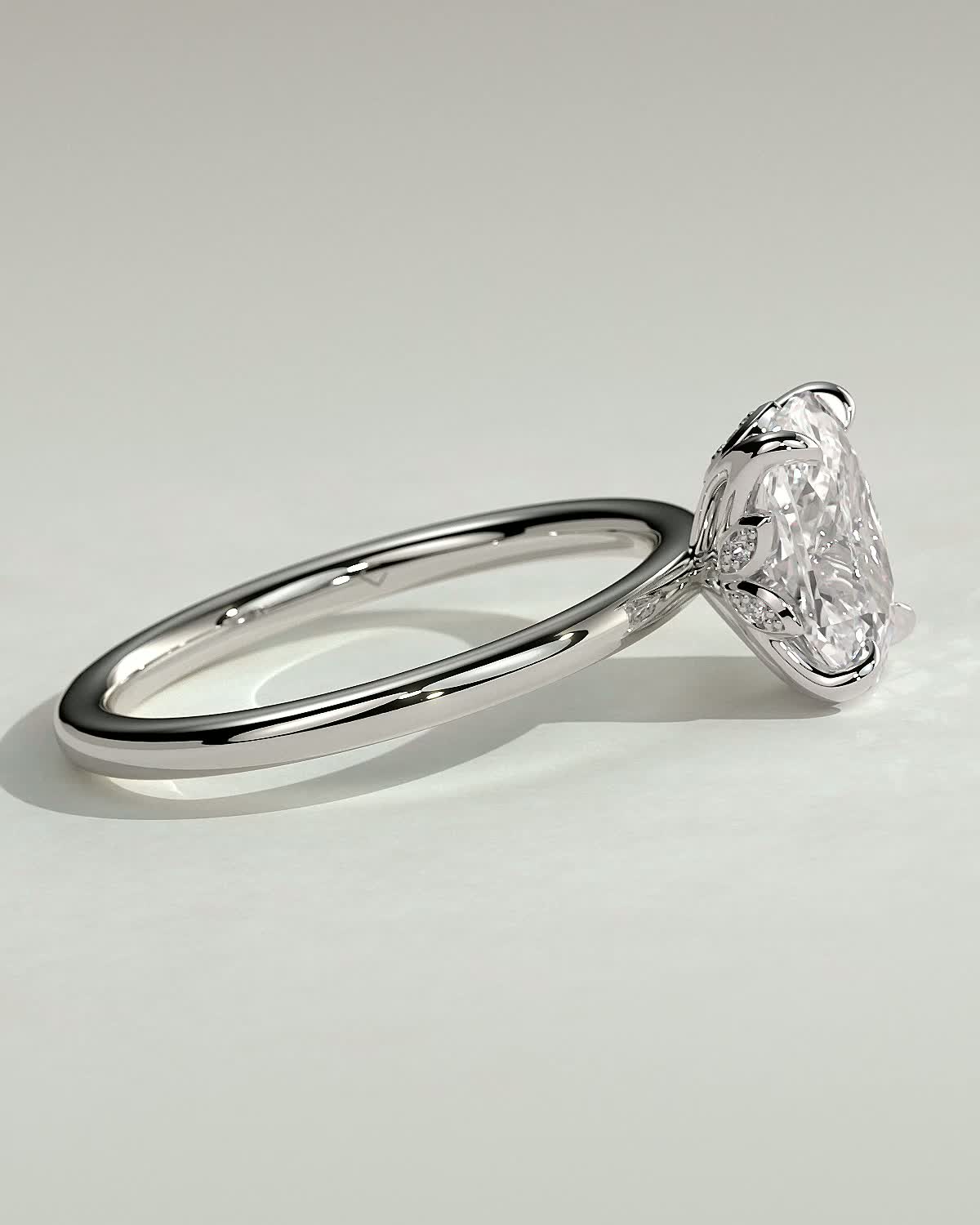Tilly - Petal Claw Solitaire with Accent Leaf Detail - 18k White Gold