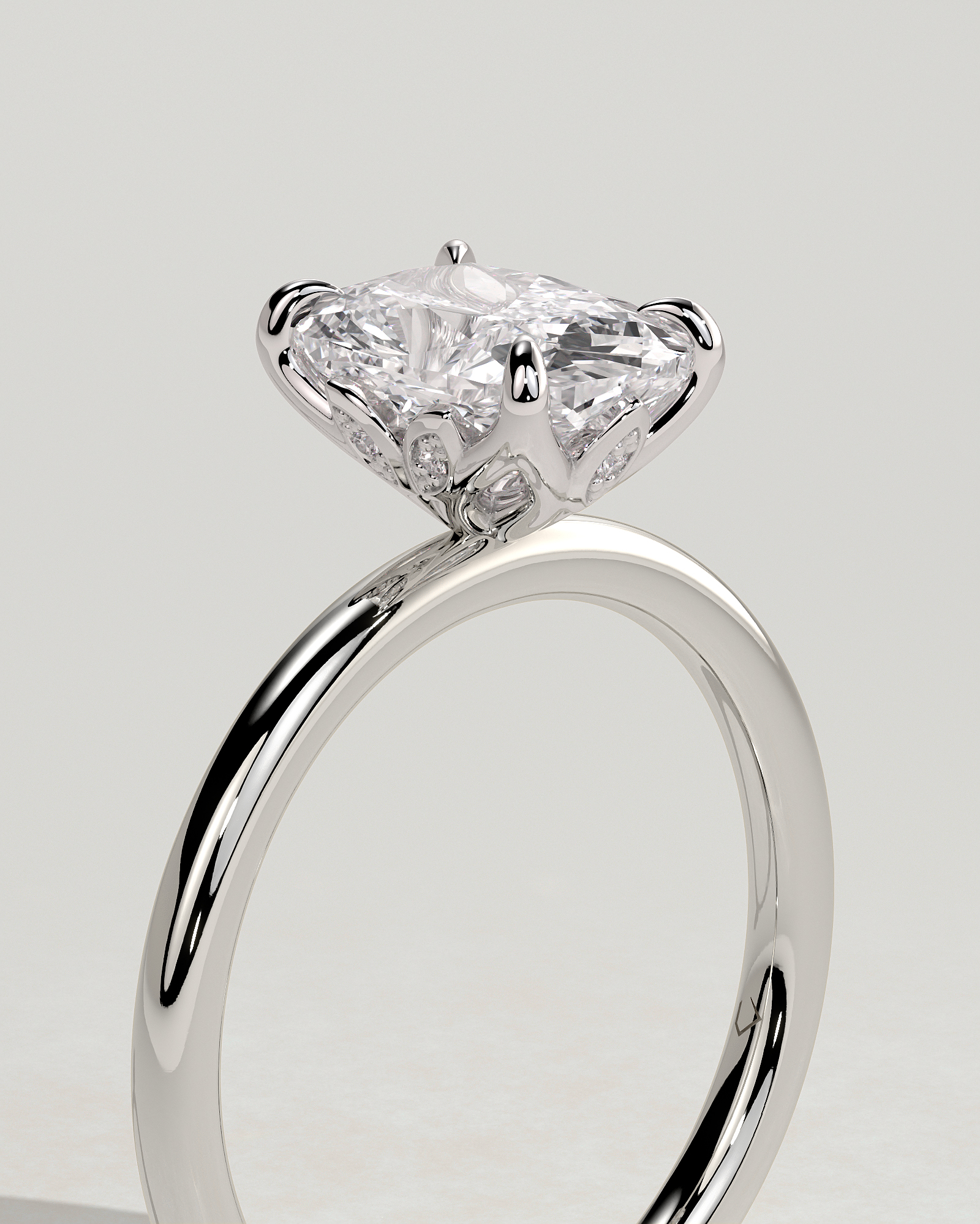 Tilly - Petal Claw Solitaire with Accent Leaf Detail - 18k White Gold