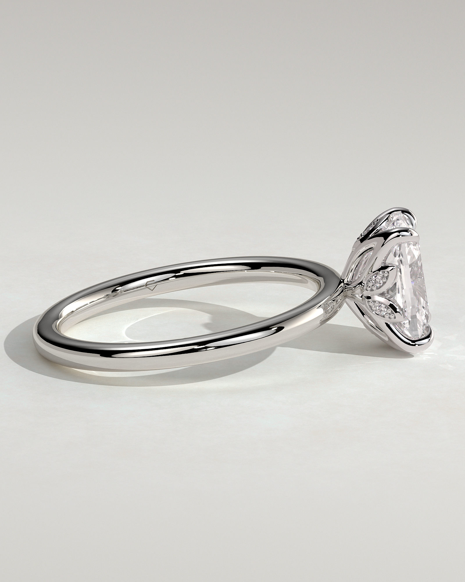 Tilly - Petal Claw Solitaire with Accent Leaf Detail - 18k White Gold